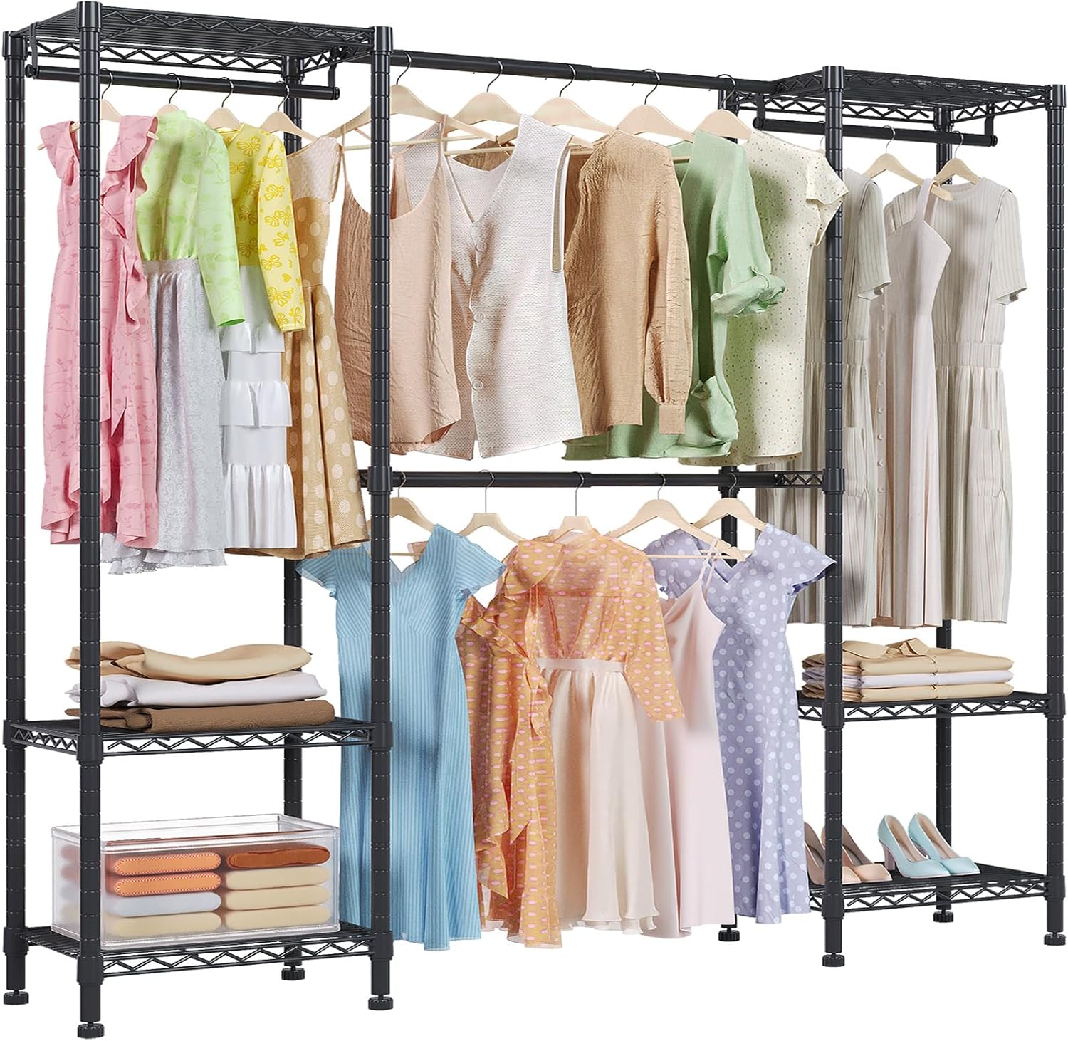 H10 Expandable Clothes Rack Clothing Rack for Hanging Clothes, Heavy Duty Garment Rack, Freestanding Wardrobe Closet Organizer with Hanger Rods, Extendable from 4.6 to 5.1 ft, White