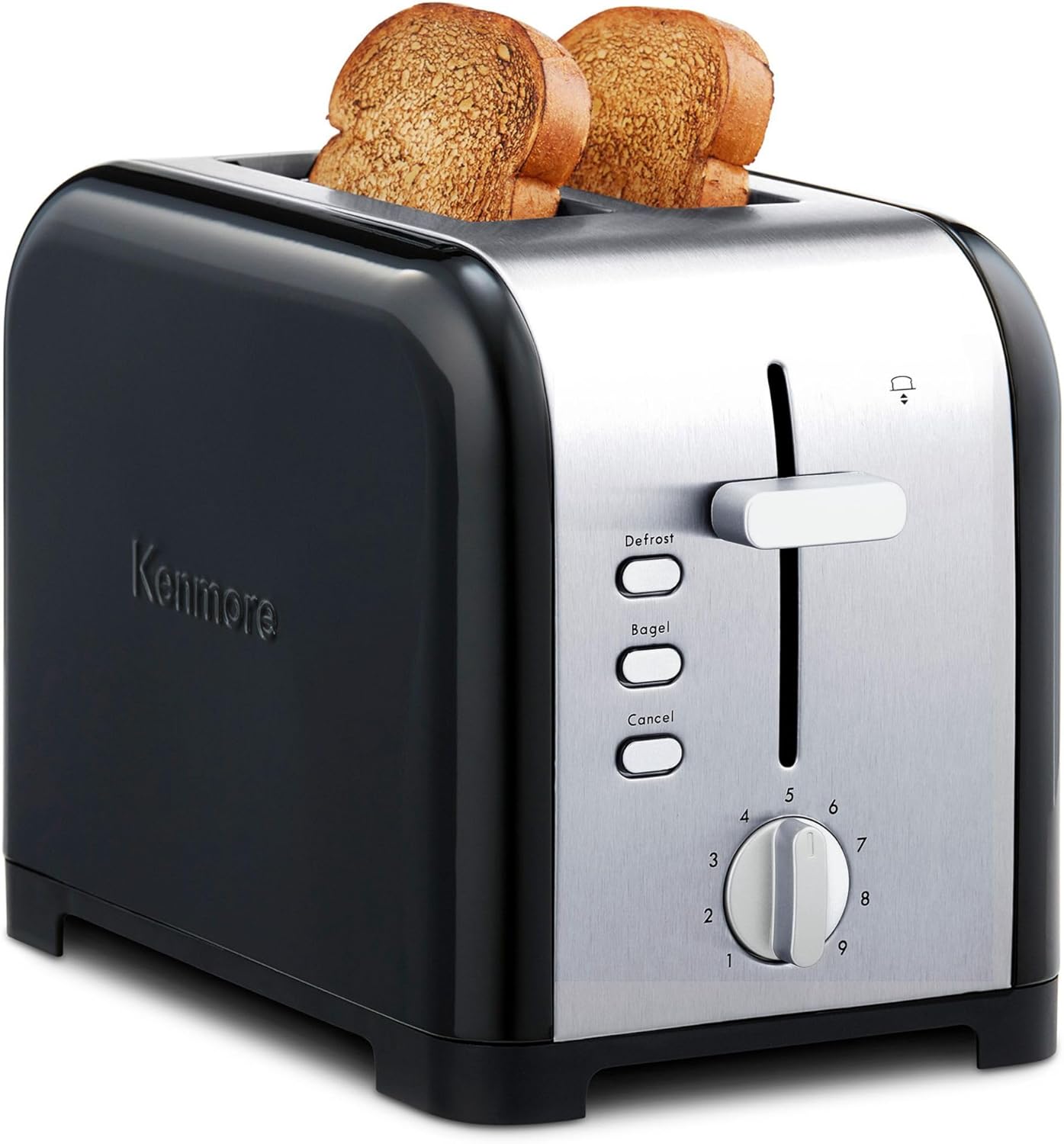 Koolatron Kenmore 2-Slice Toaster, Stainless Steel, Red and Silver, with Extra Wide Slots, Self-Adjusting Bread Guides, Defrost, Bagel and Removable Crumb Tray, Small (KKTS2SR AZ)
