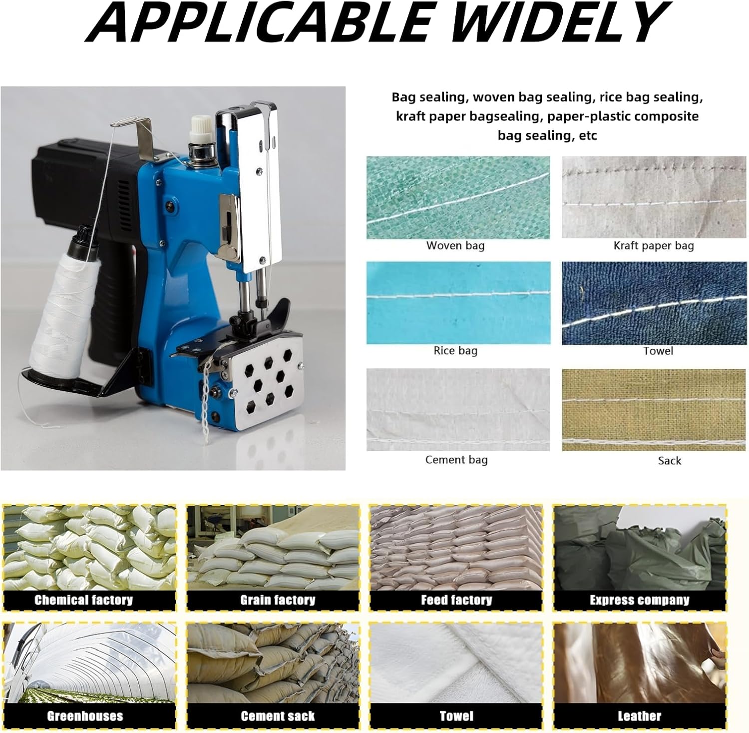 Bag Sewing Machine, 2s/bag Portable Bag Sewing Machine, Industrial Bag Closing Machine for Packing Woven Bags Non-woven Fabrics Leather (Blue, Corded - 110V)