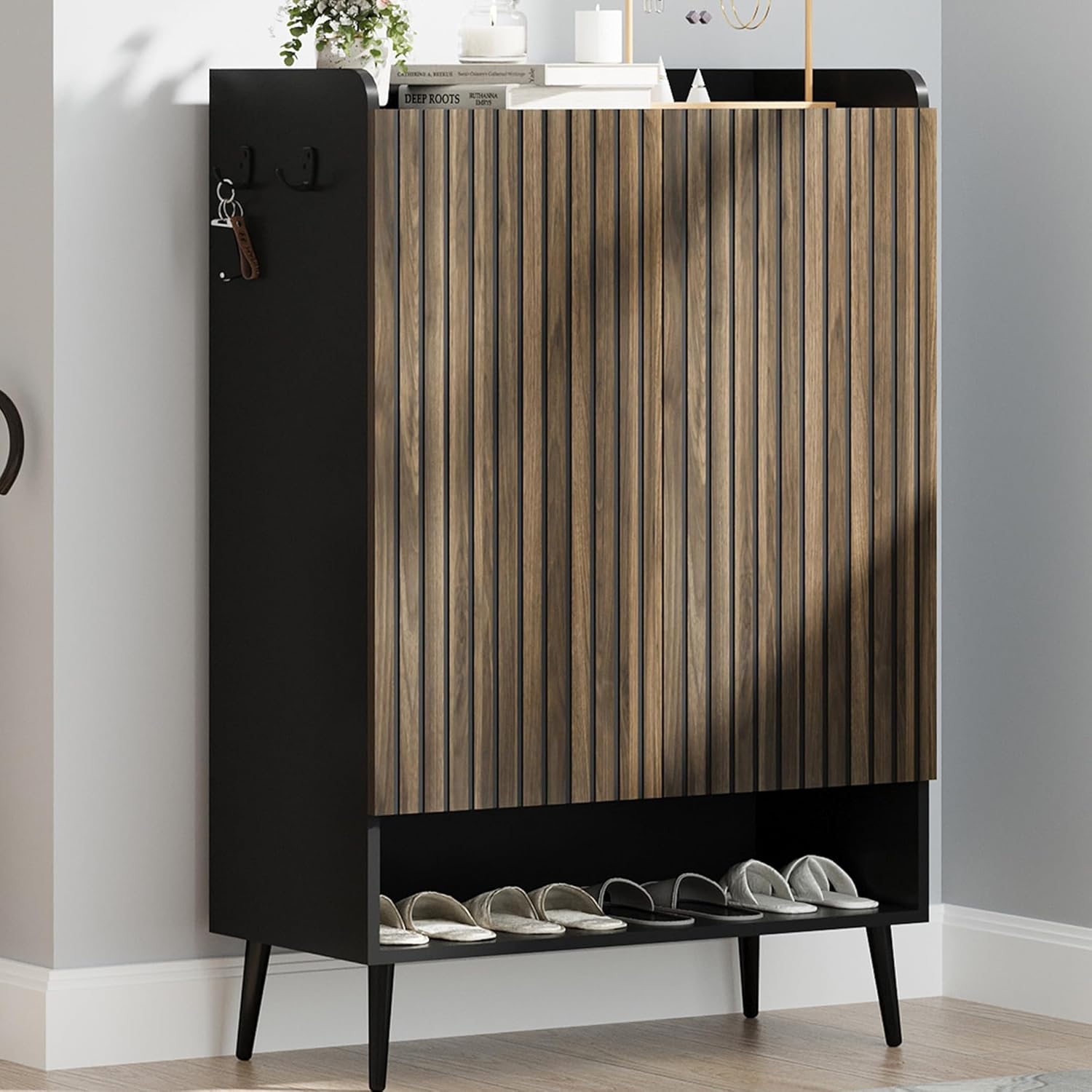 GarveeHome Shoe Cabinet, Large Shoe Cabinet with 2 Doors, Adjustable Shelves, Shoe Organizer with Doors for Hallway, Entryway, Living Room, Black+Nut-Brown