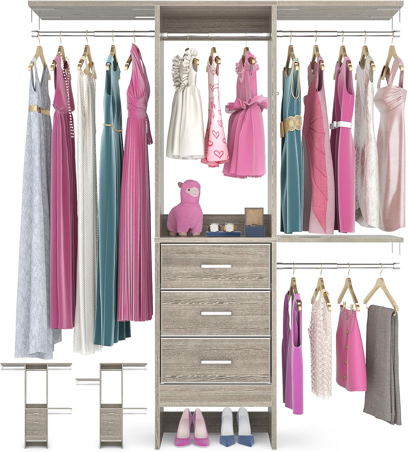 4FT Small Closet System with 3 Fabric Drawers, 48'' Closet Organizer System With 3 Adjustable Shelves, Flexible Built-In Clothes Garment Rack for Small Space, 48