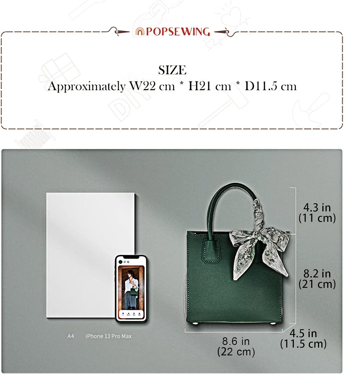 POPSEWING Top Grain Leather Mini Tote Handbag DIY Kit, Crossbody Shoulder Bag with Sewing Kits for Women, Girls, DIY Leather Bag Kit for Personalized Gift (Green)