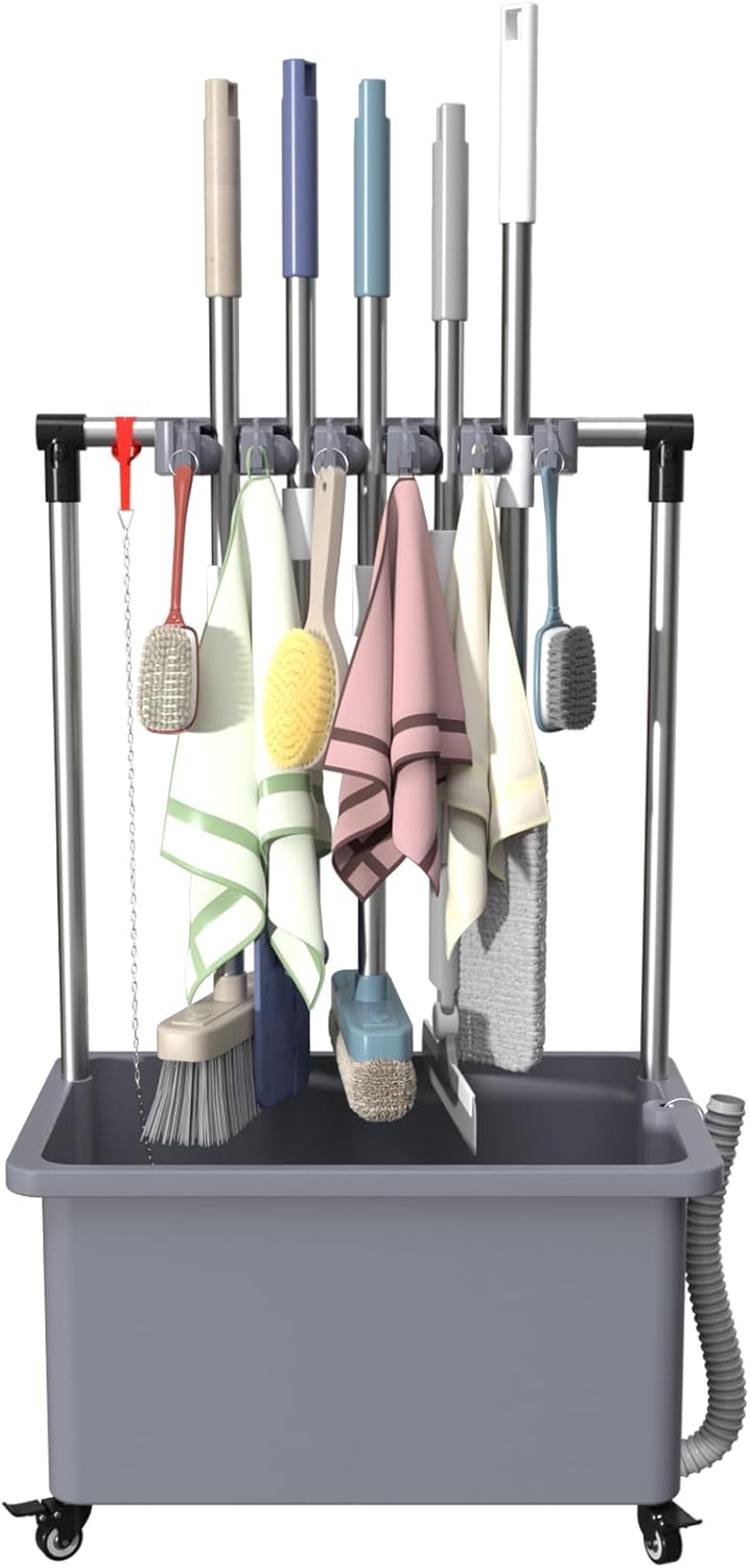 Commercial Mop Sink with Rollers, Plastic Mop Sink Service Basin with Drain Botton, Household Mop Buckets for Balcony Bathroom Kitchen Restaurant Business Outdoor (gray, 6 hooks)