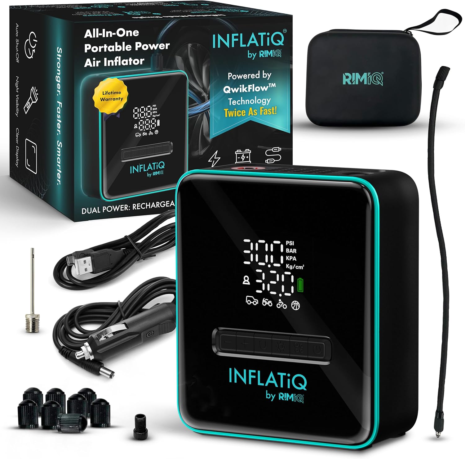 INFLATiQ by RIMiQ Tire Inflator - Powerful, Award-Winning QWIKFLOW Technology with 2 Portable Power Options Included - Strong Vehicle Air Pump for Trucks, Cars, Motorcycles, Bicycles, Balls and More