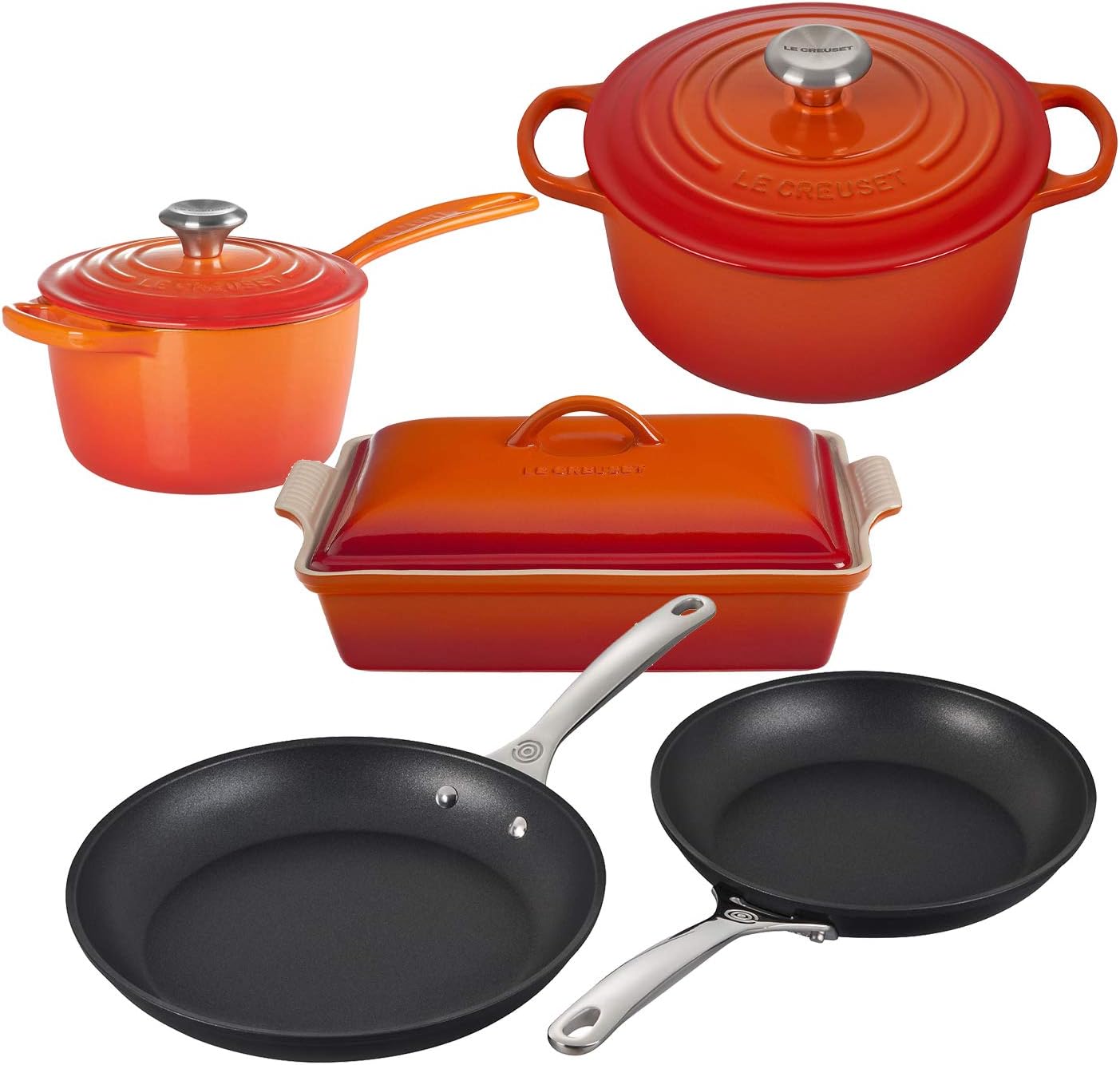 Le Creuset 8 Piece Multi-Purpose Enameled Cast Iron with SS Knobs, Stoneware, and Toughened Nonstick PRO Fry Pan Complete Cookware Set - Flame