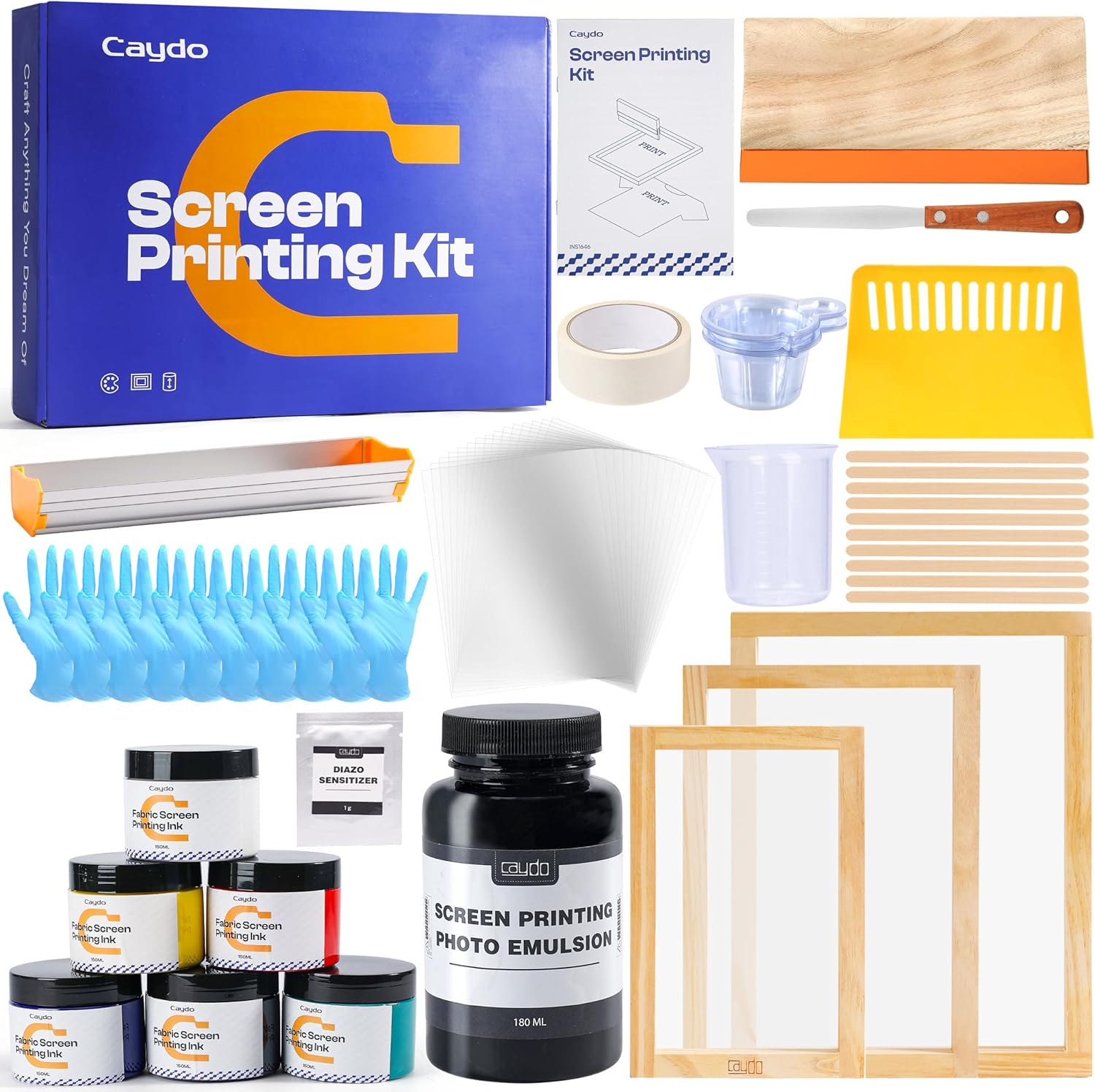 Caydo 57 Pieces All-in-One Screen Printing Kit with 3 Sizes Wood Screen Printing Frames, 15 A4 Size Inkjet Transparency Films, 6 Colors Screen Printing Ink, Photo Emulsion, Squeegee and Scoop Coater