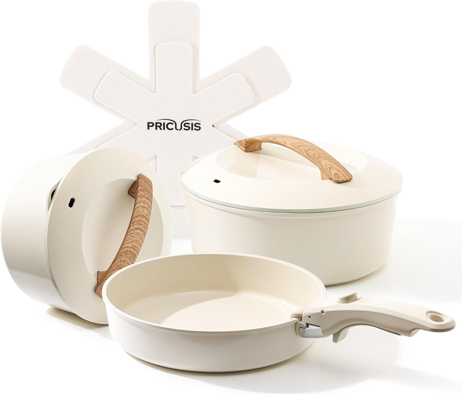 PRICUSIS Ceramic Pots and Pans Set with Detachable Handle, Non-toxic Nonstick 8pcs Cookware Set with Die-cast Lids, Dishwasher & Oven Safe, PTFE PFOA PFAS Free, Perfect for College Dorm, Cream White
