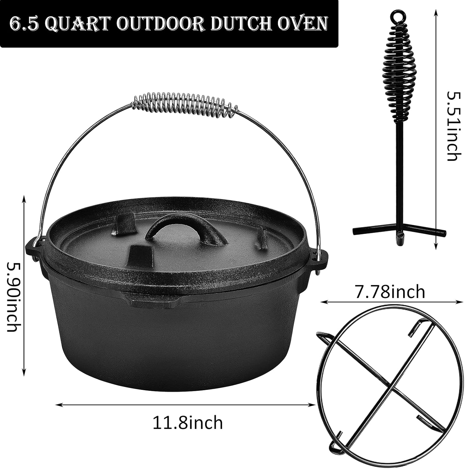 10 Quart Cast Iron Dutch Oven Pre-seasoned Pot with Lid Lifter Handle, Casserole Pot with Lid Lifter for Camping Cooking BBQ Baking