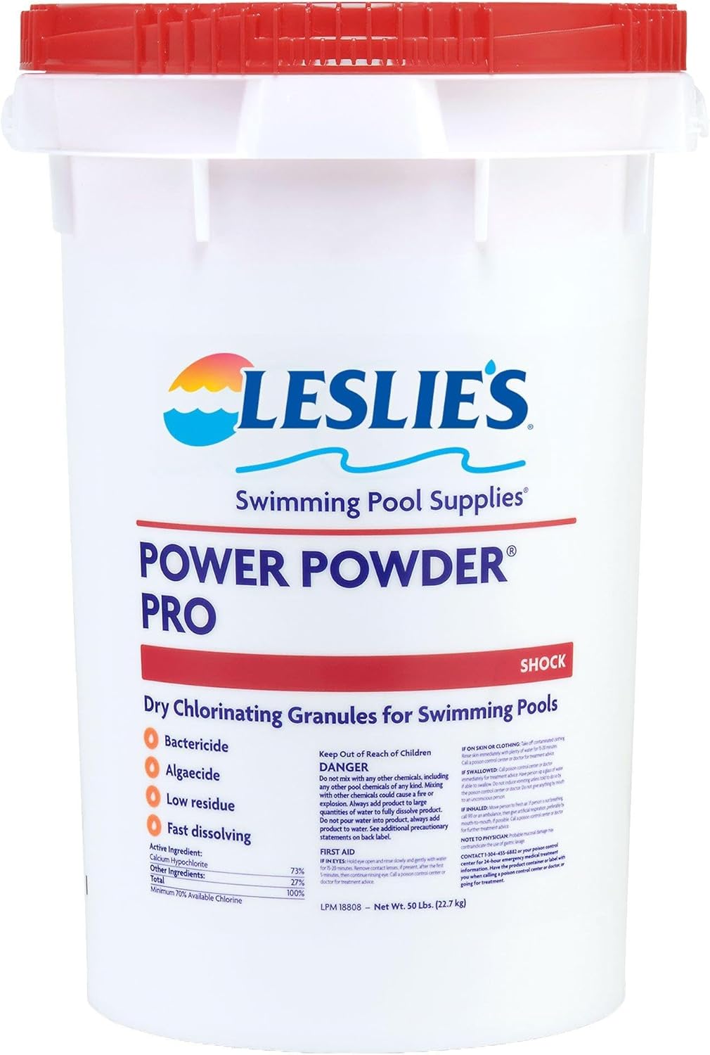 Leslie's Power Powder Pro Granular Pool Shock - Fast Dissolving Sanitizer for Crystal Clear Water - Defends Against Bacteria, Algae, and Microorganisms - 73% Calcium Hypochlorite - 50 Pound