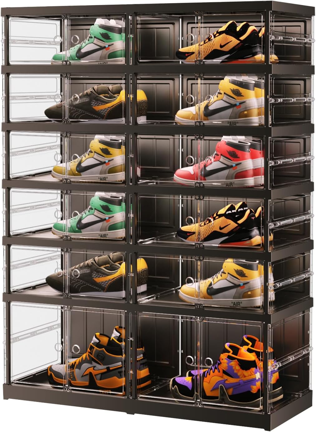 6 Tiers 12-24 Pairs Foldable Shoe Rack for Closet Plastic Stackable Shoe Boxes for Garage Collapsible Shoes Shelf with Doors Storage Organizer Cabinet Quick Assembly,Black