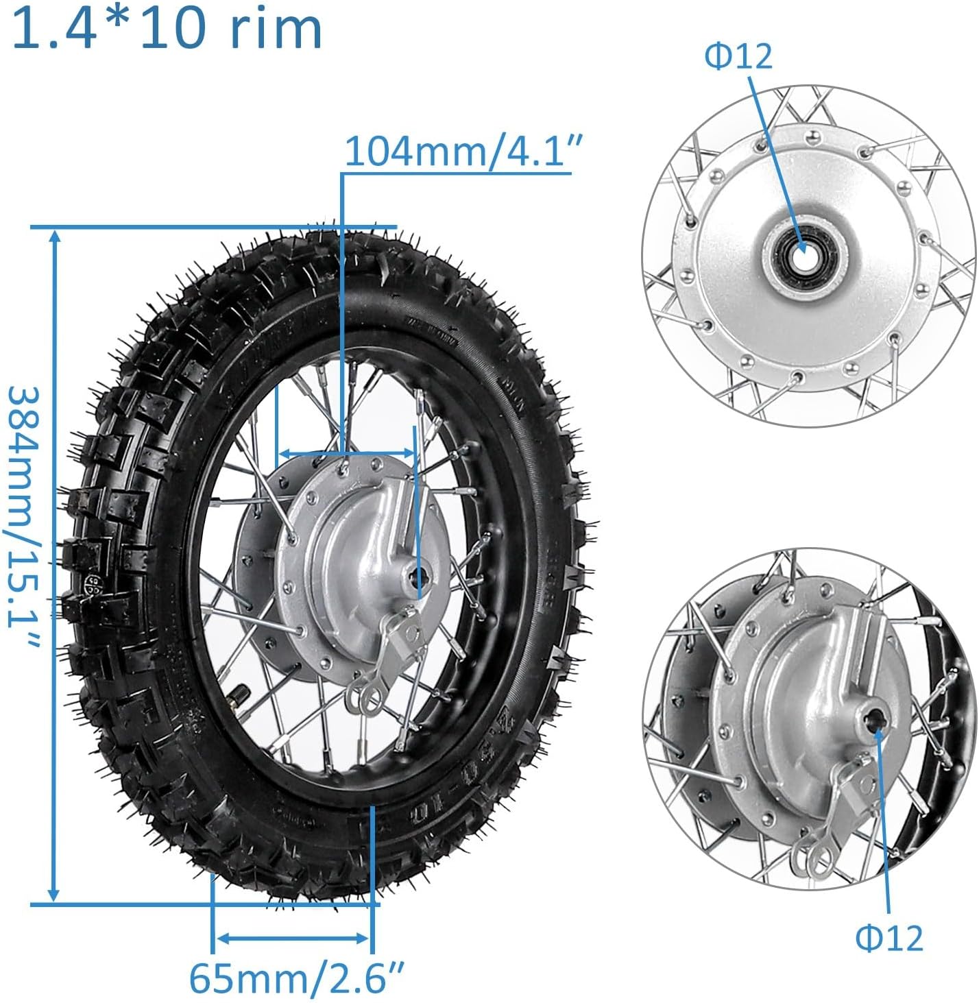 10 Inch 2.5-10 Front Wheel Tire and Rim Inner Tube with 1.4 x 10 Rim and Drum Brake With 12mm Bearing for 50cc 70cc 90cc 110cc Dirt Bike Pit Bike CRF50 XR50 PW50 DRZ70