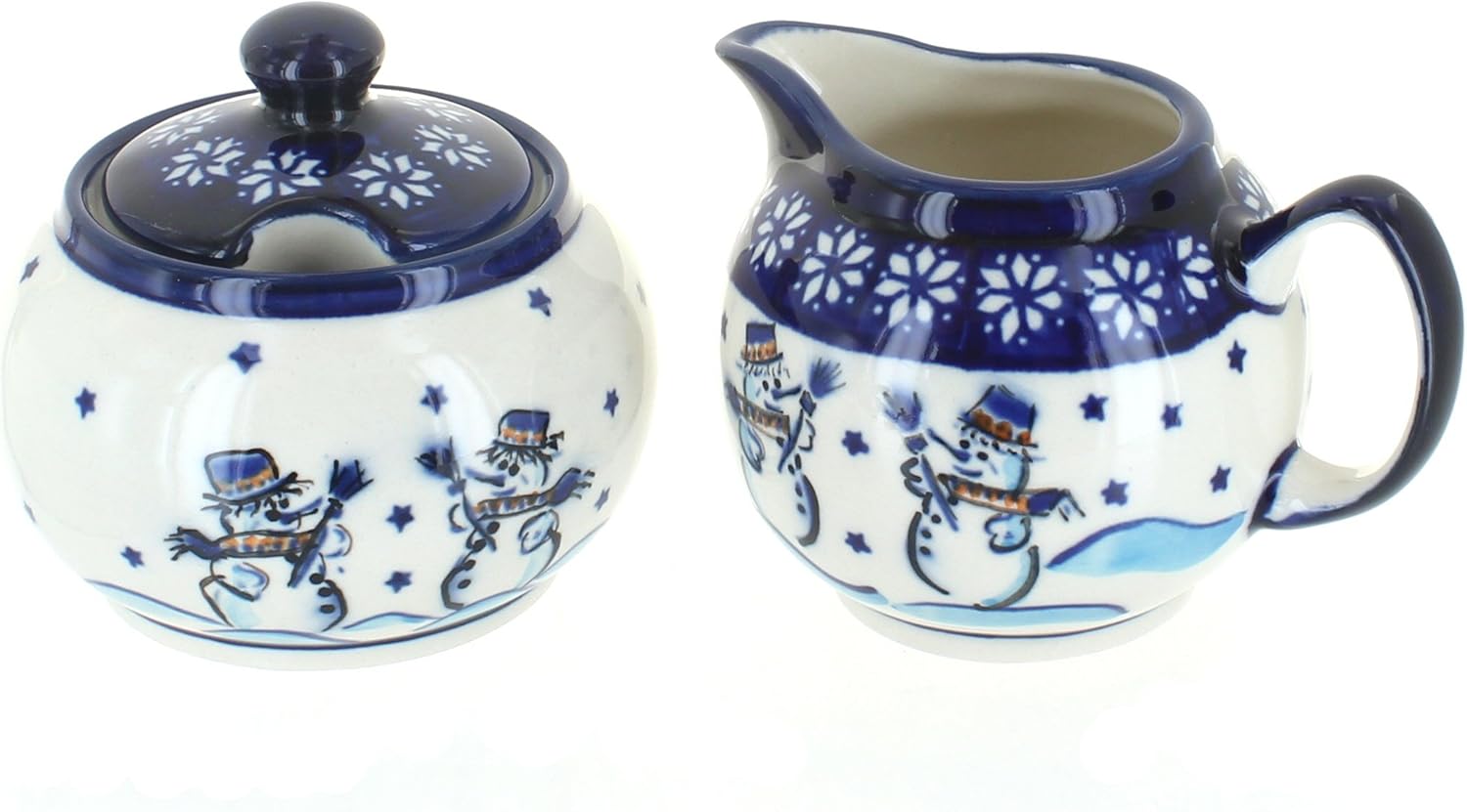 Blue Rose Polish Pottery - Blue Frosty Friend Cream & Sugar Set - 1 Cup Creamer - Ceramic Christmas Tea Set, Festive Holiday Design for Coffee, Tea & Cocoa
