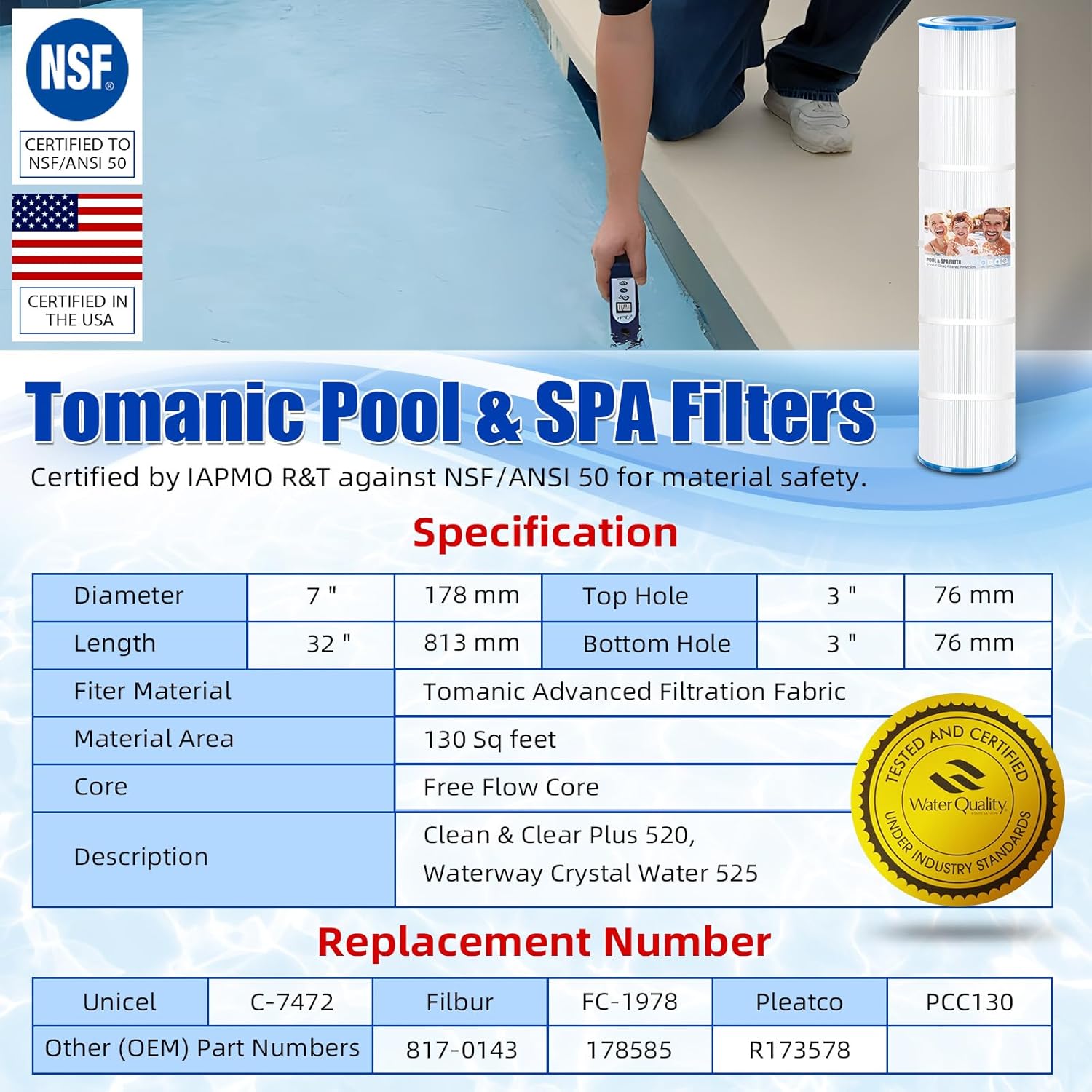 4 Pack Pool Filter Cartridge Compatible with Clean & Clear Plus 520, CCP520, Unicel C-7472, FC-1978, Pentair 178585,160332, PCC130, PLFPCC130, R173578, Waterway Crystal Water 525-Certified with NSF50