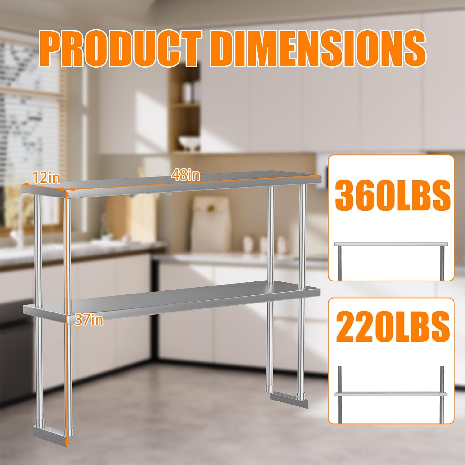 Garvee 12 in x48 in Stainless Steel Overshelf for Prep & Work Table, 360 LB Capacity Commercial 2 Tier Worktable Shelf, Adjustable Double Overshelf for Restaurant, Kitchen, Garage, Workshop