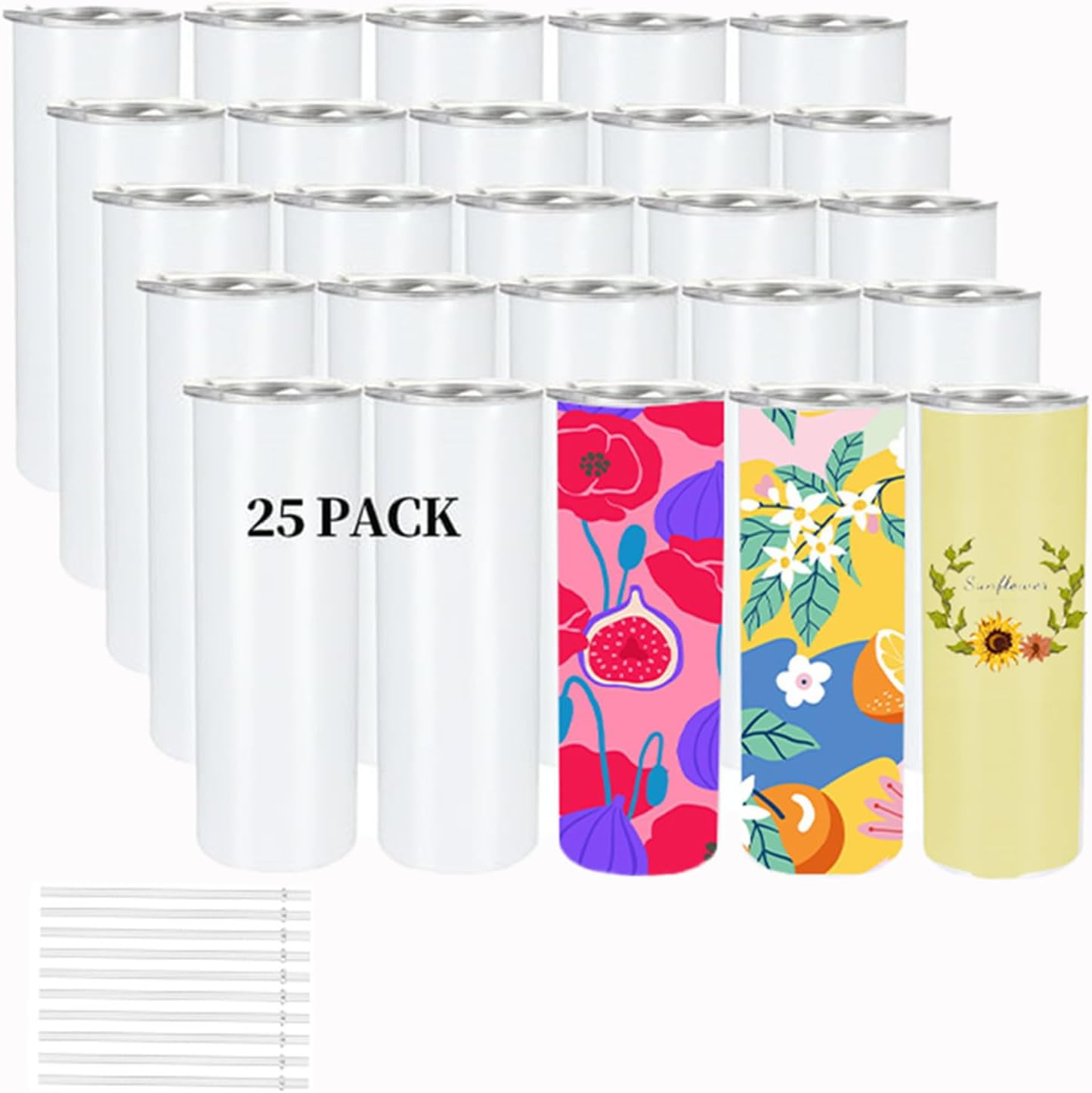20 oz Sublimation Tumblers Blanks Skinny White, 25 Pack Stainless Steel Double Wall Insulated Straight Sublimation Cups with lid and strawfor Tumbler Heat Press Machine Sublimation Print
