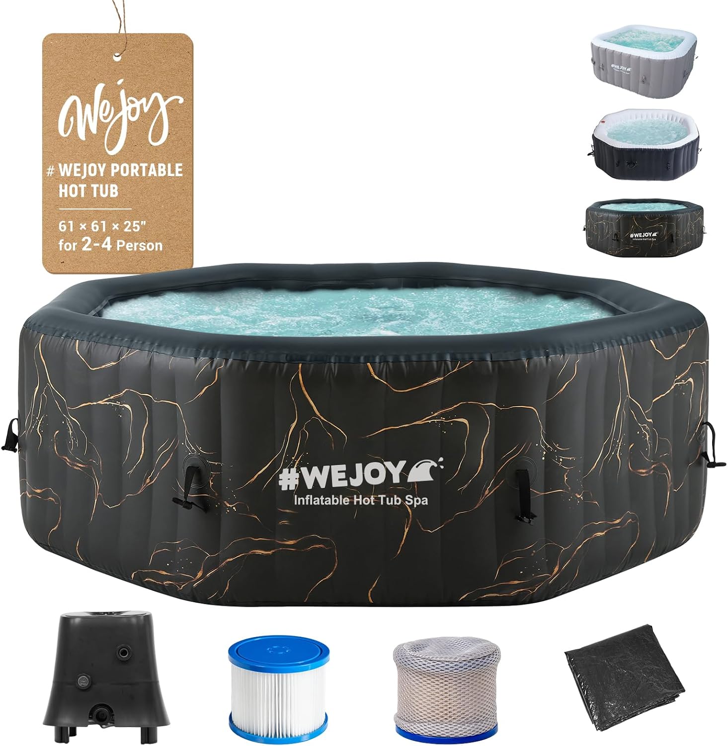 #WEJOY Portable Hot Tub 61X61X26 Inch Air Jet Spa 2-3 Person Inflatable Square Outdoor Heated Hot Tub Spa with 120 Bubble Jets