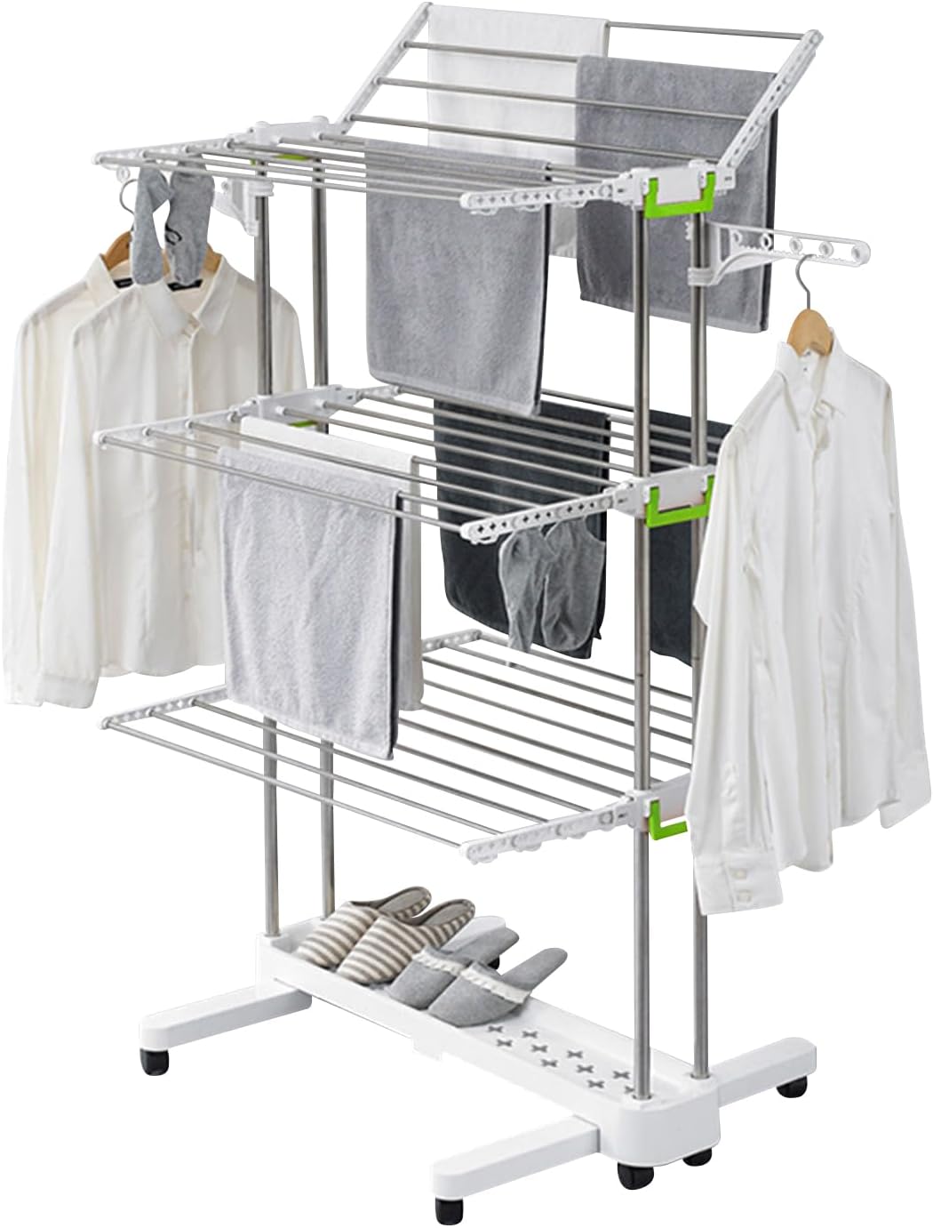Ergocar Airer Clothes Drying Rack, 4-Tier Foldable Clothes Hanger, Adjustable Stainless Laundry Dryer Hanger, Rolling Clothes Drying Rack with Wheels, for Indoor & Outdoor, White