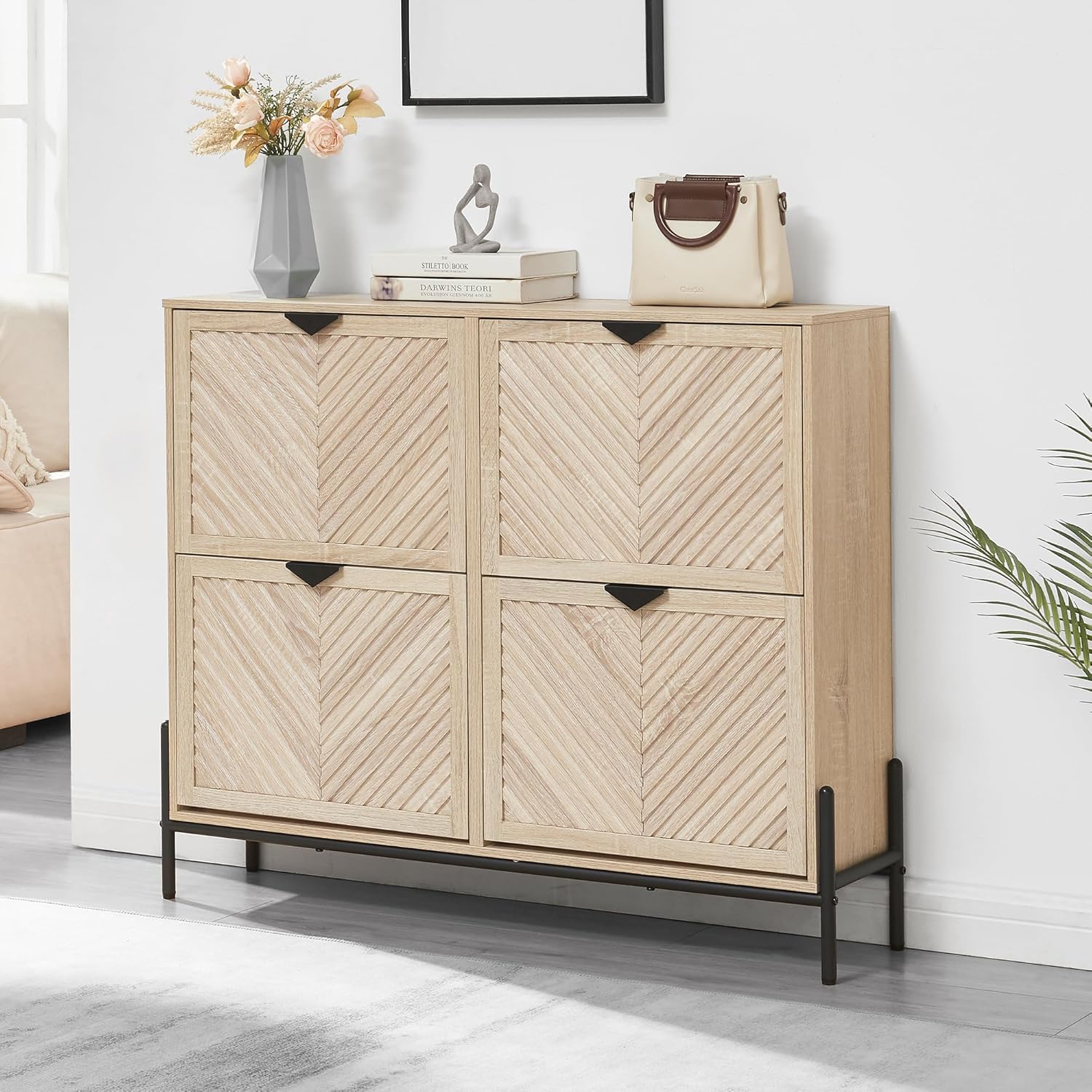 VIPLUMI Shoe Cabinet Storage with 4 Flip Drawers, Narrow Hidden Shoes Organizer Cabinet for Entryway, Freestanding Slim Shoe Rack Front Door Entrance(Oak)