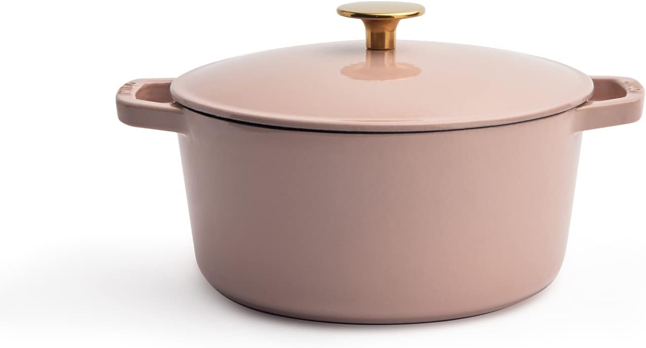 Milo by Kana 3.5-quart Enameled Cast Iron Dutch Oven with Lid | Premium Casserole Cooking Pot | Enamel Coating Inside and Out | Oven Safe and Dishwasher Friendly (Dusty Pink with Gold Knob)