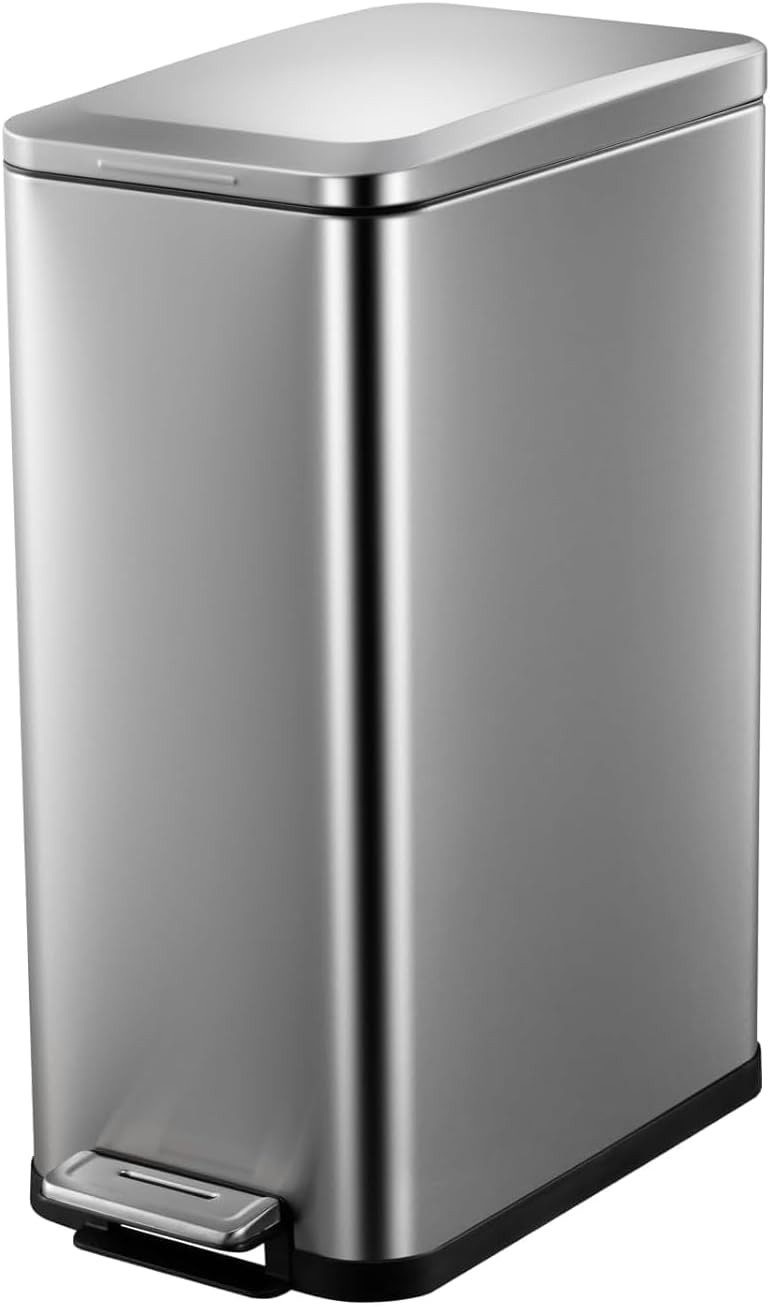 GAOMON Slim Trash Can, 13.2 Gal/50L Stainless Steel Waste Bin, Soft-Close Lid, Step-on Garbage Bin - with Removable Plastic Inner Buckets