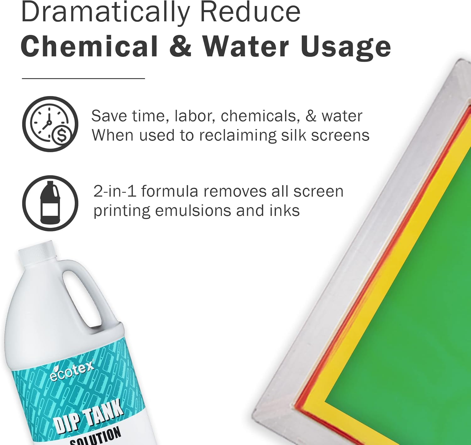 Ecotex® Dip Tank Solution - Emulsion Remover Screen Printing and Ink Remover, Eco-Friendly Cleaner and Solvent to Reclaim Screen Printing Screens - Industrial Strength Solvent for Dip Tank