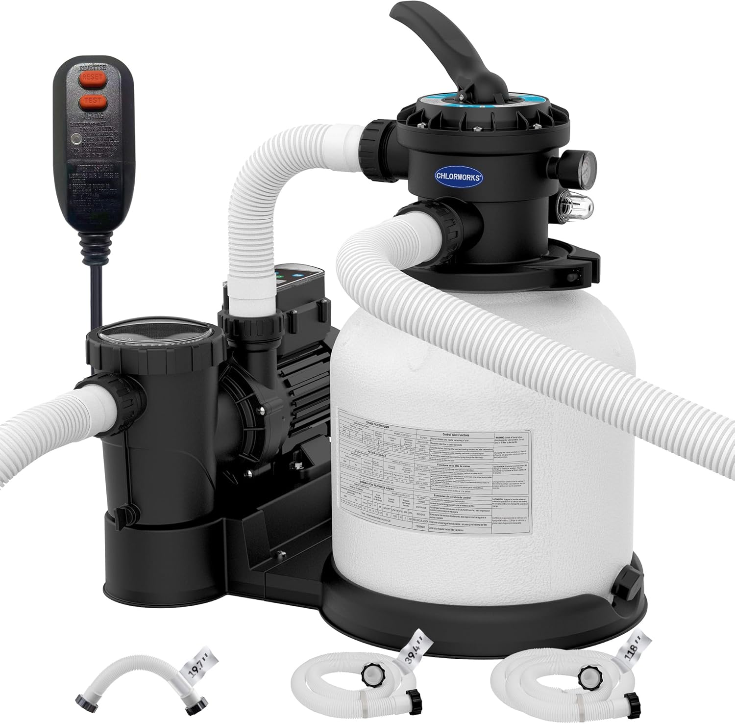 Sand Filter Pump for Above Ground - Flow Rate 3882 GPH, Up to 25K GAL, Pool Pumps above Ground Includes 6 Way Value, Digital Timer, GFCI Plug, 6.17 lbs of Filter Balls, and 3 Pack Hose(20