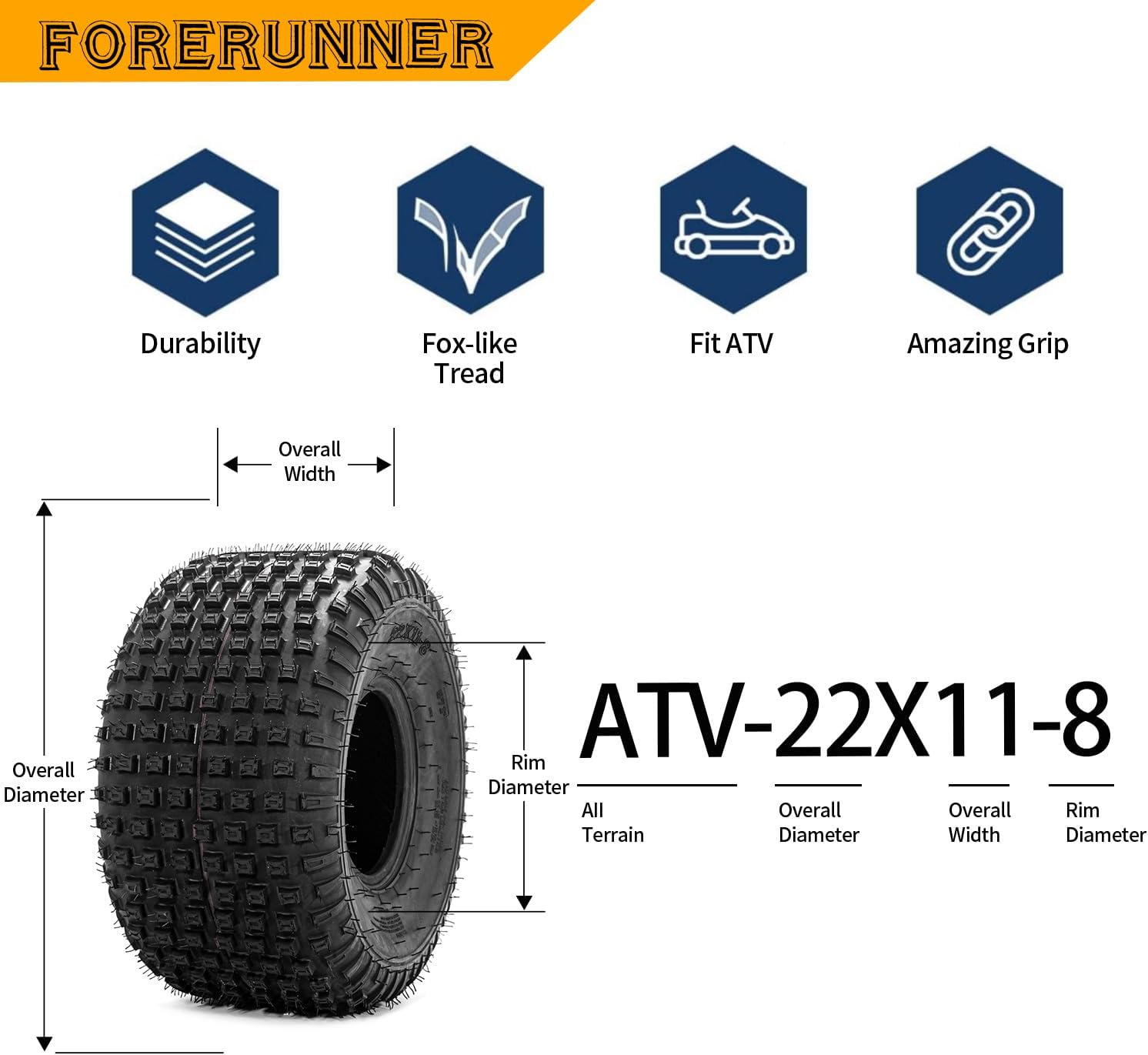 FORERUNNER 22x11-8 22x11x8 UTV ATV Golf Cart Tires 6PR High Load Tubeless Tires (Pack of 2)