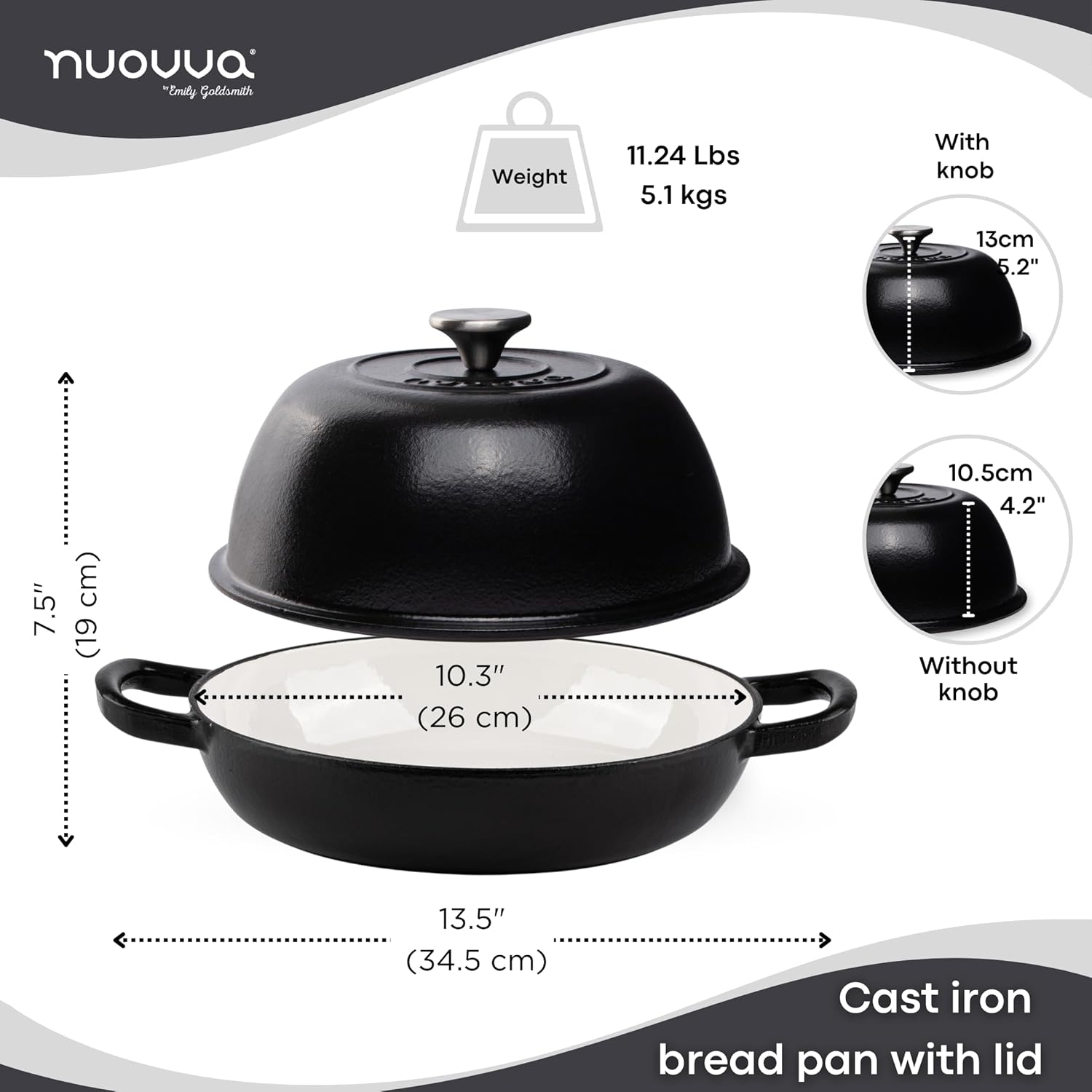 Enamelled Cast Iron Dutch Oven Pot – Dutch Oven For Sourdough Bread Baking – Cast Iron Bread Pot – Black, 6 Quarts, 26cm – by Nuovva