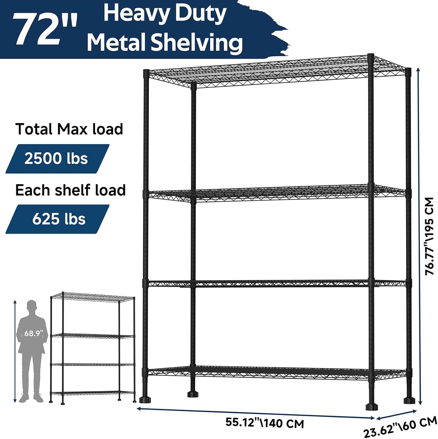 Whitmor 4 Tier Storage Shelves with Wheels, Heavy Duty Metal Shelving Unit, 625 lbs Capacity per Shelf, 2500 lbs Total for Kitchen, Garage, Plant, 55