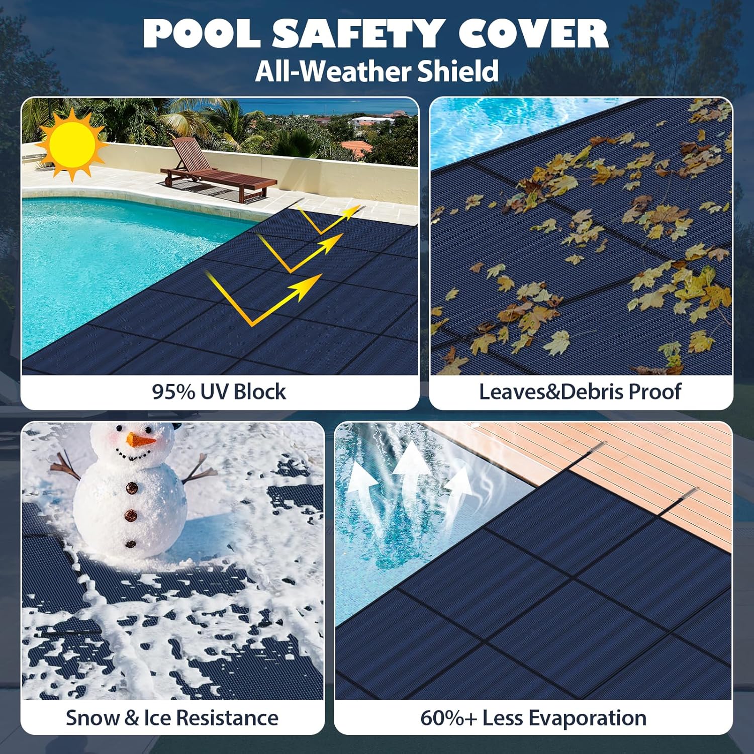 Pool Safety Cover for Inground Pools, Heavy-Duty Winter Pool Cover, Rectangle Mesh/Solid Swimming Pool Covers, Triple Stitched for High Strength & UV Protection，Blue