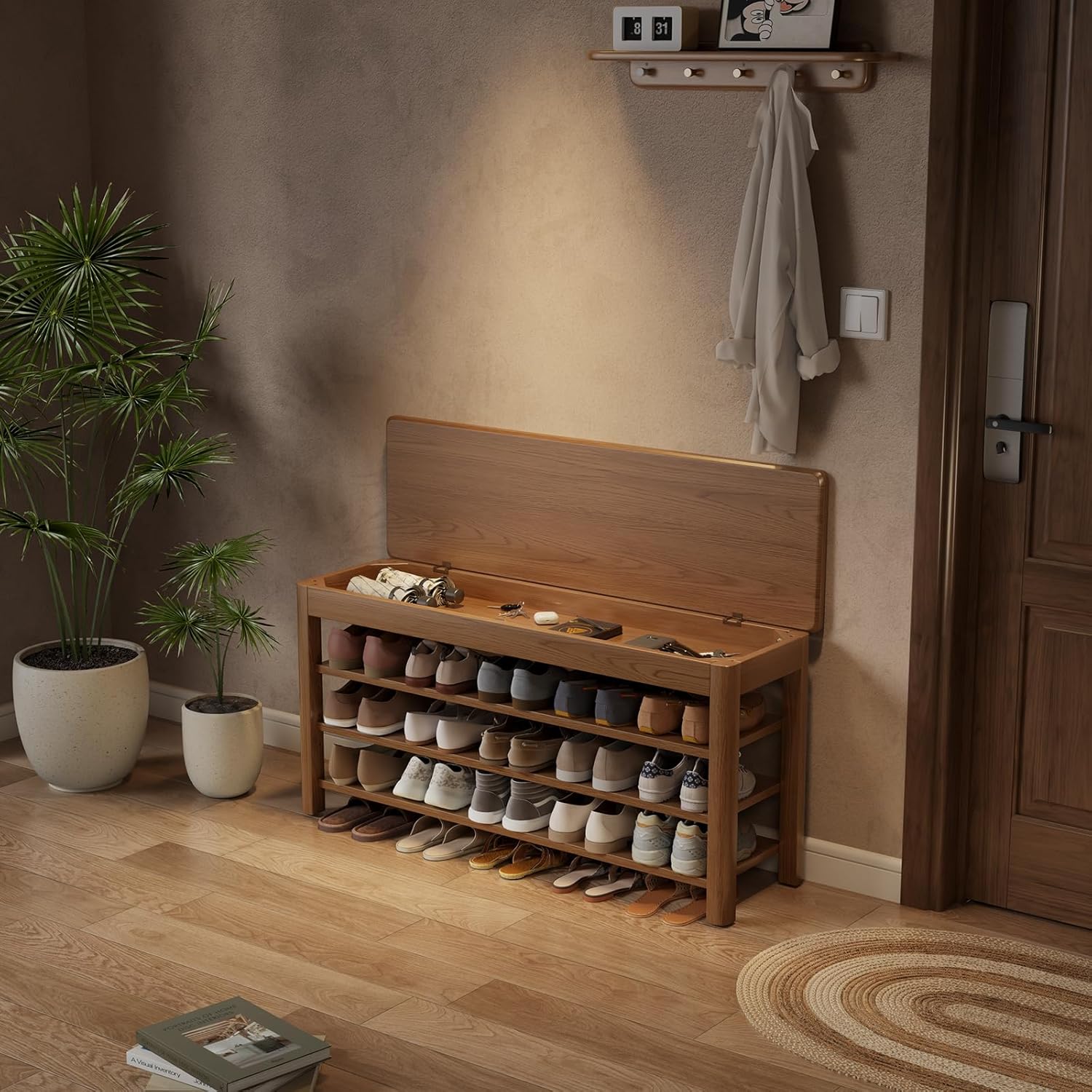 3 Tier Shoe Bench with Storage, Wood Shoe Rack for Front Door Entrance, Entryway Shoe Storage Bench.