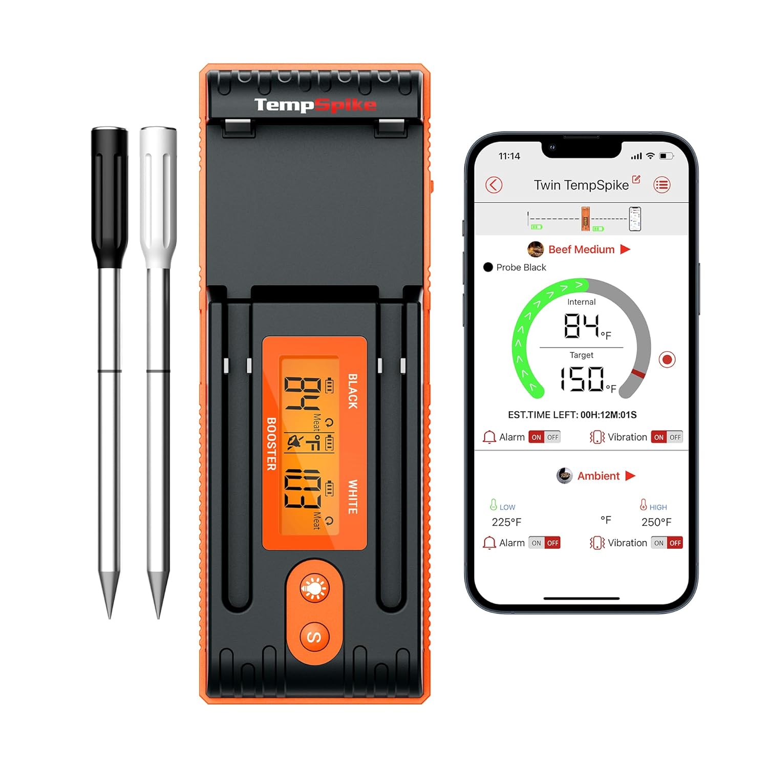 ThermoPro TempSpike Wireless Meat Thermometer with 2 Meat Probes, 500FT Bluetooth Meat Thermometer for Cooking with LCD-Enhanced Booster for Food Turkey Beef Rotisserie BBQ Oven Thermometer, Grey