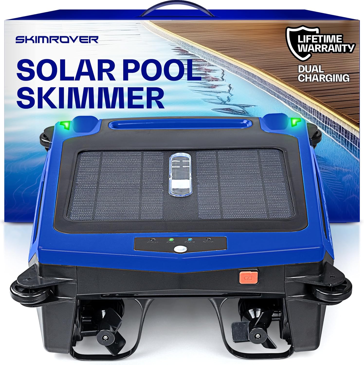 Solar Powered Pool Skimmer Robot – Charges by Solar & Wall Plug – 2 Modes - 5000 mAh Battery Continuous Surface Cleaning - Shallow Water Anti-Stranding Bars - Salt Chlorine Tolerant Motors