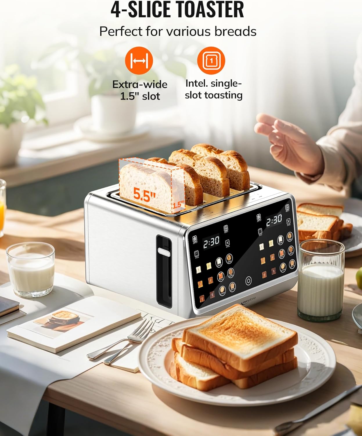 Keenstone Toaster 4 Slice, Digital Smart Toaster with TouchScreen, Dual Control Panel, Single Slot Toasting, Timer, Reheat & Defrost for Bagels, Bread, Waffles, Stainless Steel Kitchen Essentials