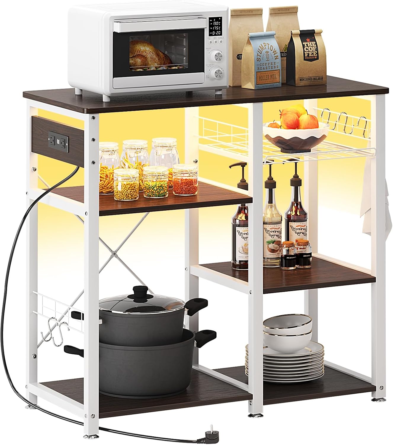 SogesHome Kitchen Baker's Rack with Power Outlet Microwave Oven Stand Workstation with 4-Tier Storage Shelf,5 Hooks Kitchen Utility Storage Shelf Coffee Bar Cart (Black-USB)