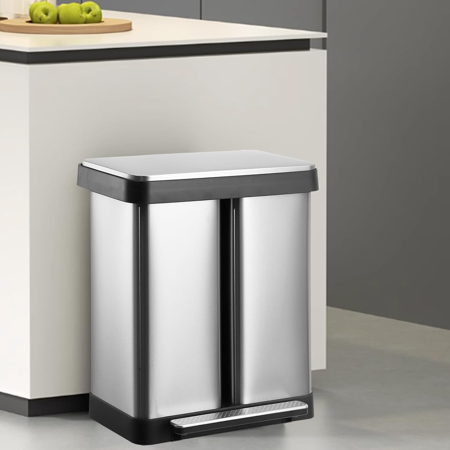 Garvee 16 gal Dual Trash Can, Stainless Steel Kitchen Garbage Can with Soft-Close Lid, Double Compartment Recycle Bin with 2 Removable Inner Buckets and Foot Pedal for Kitchen Home Office