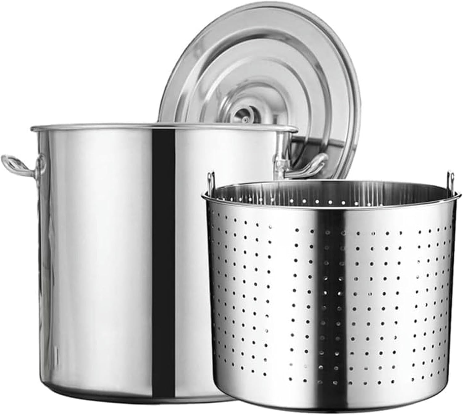3 Sizes Commercial Large Stockpot with Lid and Strainer Basket/Heavy-Duty Stainless Steel Crawfish Crabs Lobster Seafood Boiling Pot for Outdoor Household,40cm/15.7inch(35cm/13.8inch)
