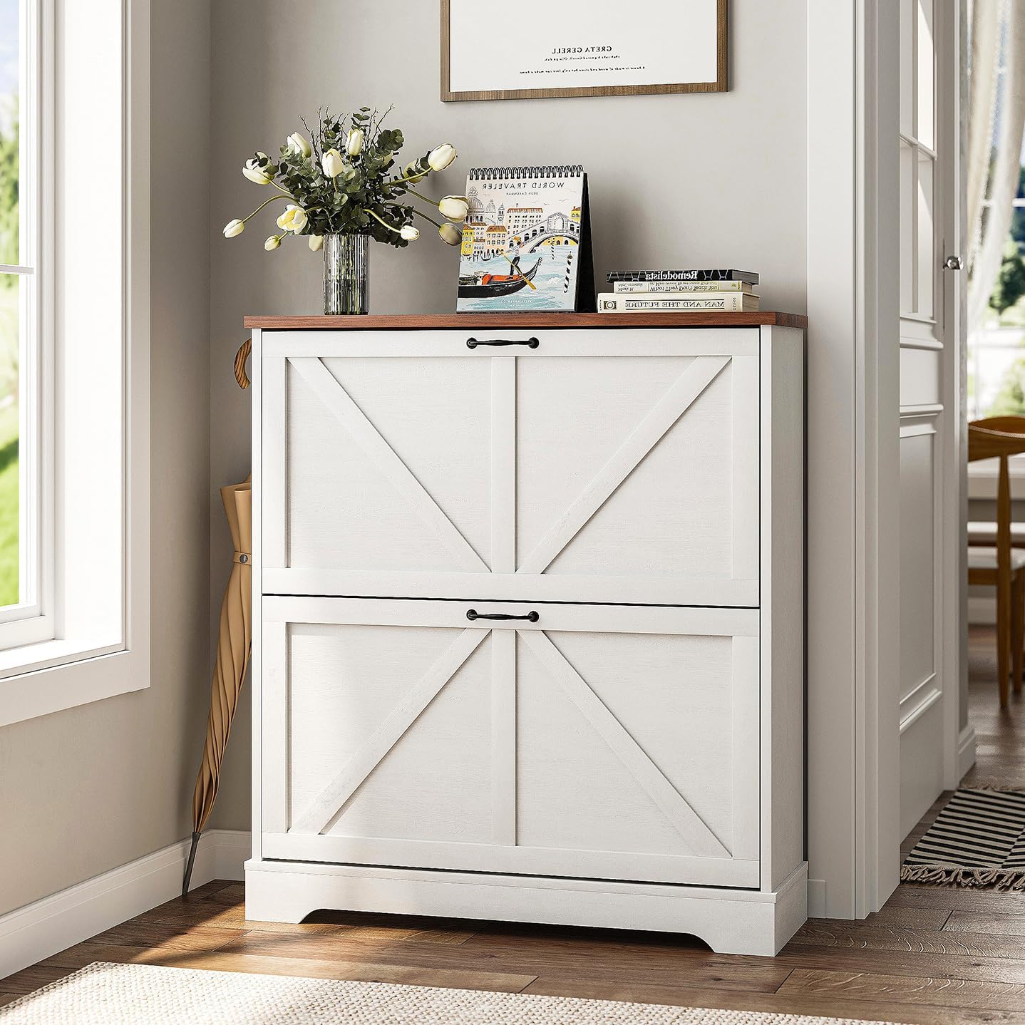 Shoe Cabinet, Shoe Storage Cabinet for Entryway with 2 Flip Drawers, Narrow Farmhouse Shoe Organizer Cabinet, Slim Shoe Rack Cabinet, White