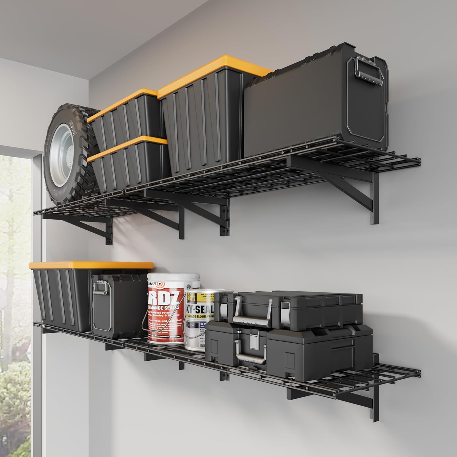 4 Pack Heavy Duty Garage Wall Shelving Set (1.5x4ft), Wall Mounted Garage Shelves 1000lbs Capacity, 18