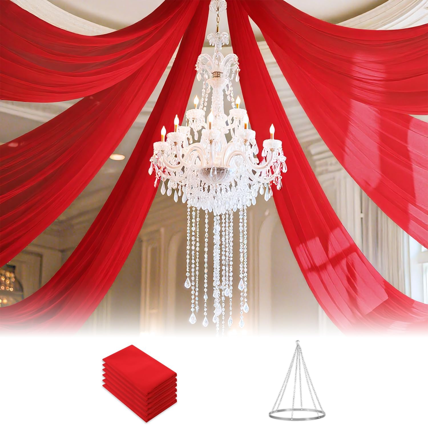 FUHSY Red Ceiling Drapes Ceiling Draping Hanging Kit 6 Panels 5ft x 10ft Wedding Arch Draping Fabric for Bedroom Party Ceiling Decor with Metal Hoop Ring