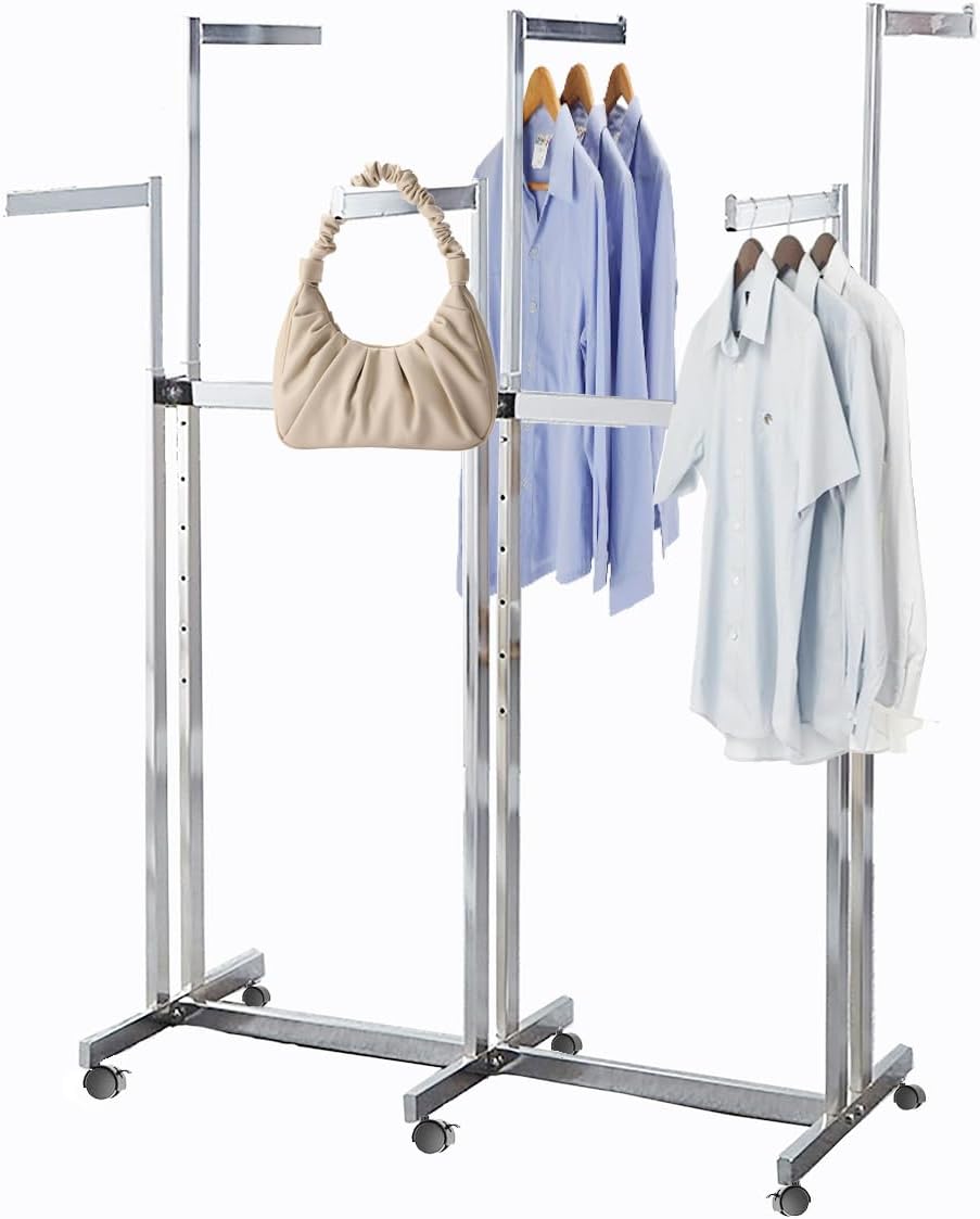Floor Standing Metal Garment Rack - Heavy Retail Display Racks With Wheels, 6 Arms Clothing Rack, Square Tubing Portable Shirt Racks, Merchandise Display For Hanging Clothes (Silver)