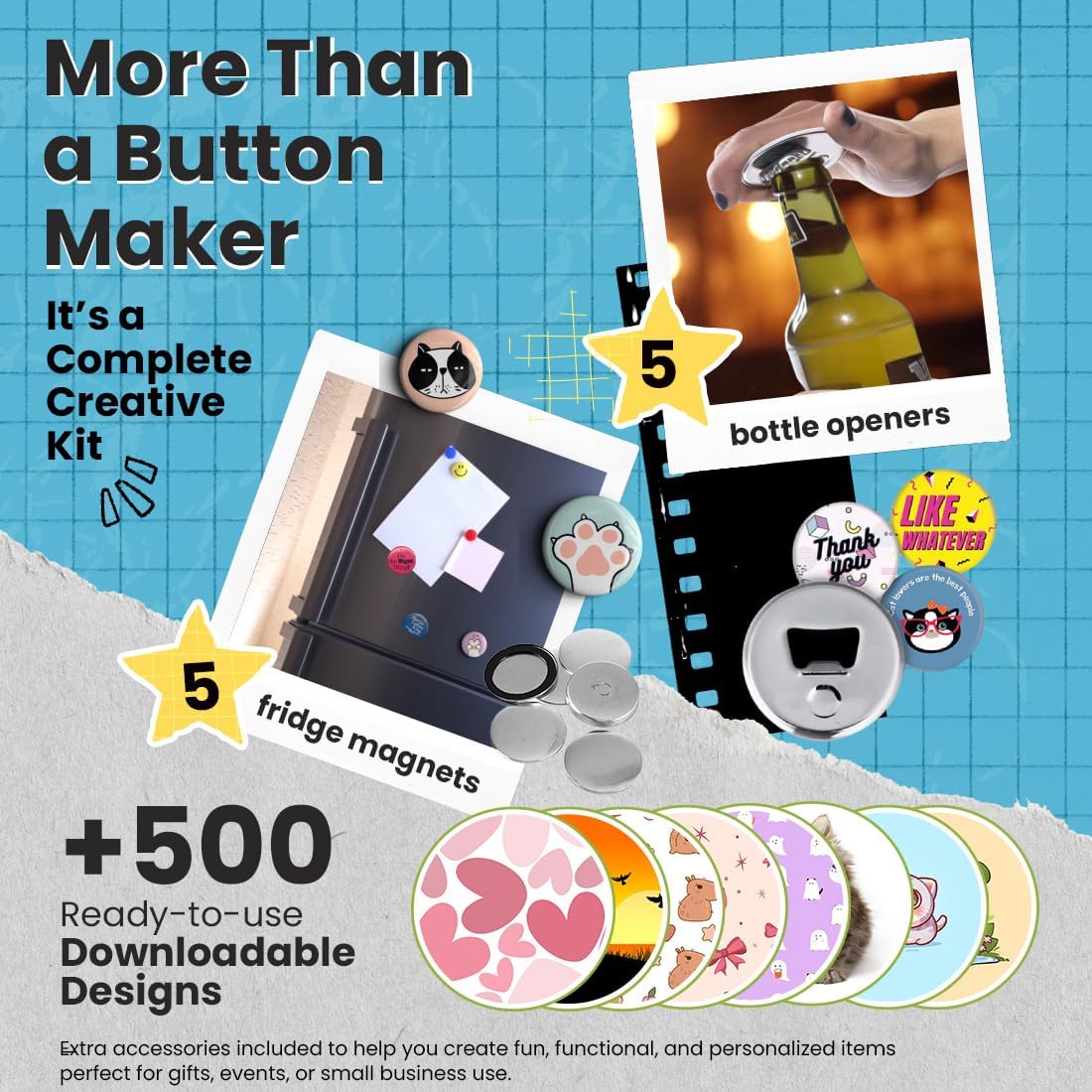 Button Maker Machine – 3 Inch (75mm) – Single Mold, Pin Maker Machine Kit with 100 Buttons, 5 Fridge Magnets, 5 Bottle Openers, Cutters, and 500+ Button Designs for DIY Crafts, Blue