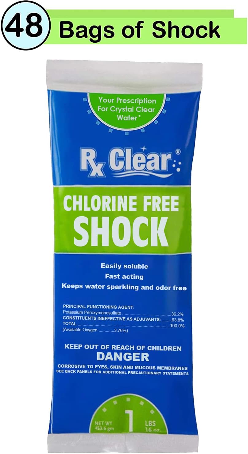 Rx Clear Chlorine-Free Swimming Pool Shock | Eliminate The Harsh Chemicals | Non-Irritating Formula | 36.2% Potassium Monopersulfate | One Pound Bags | 48 Pack