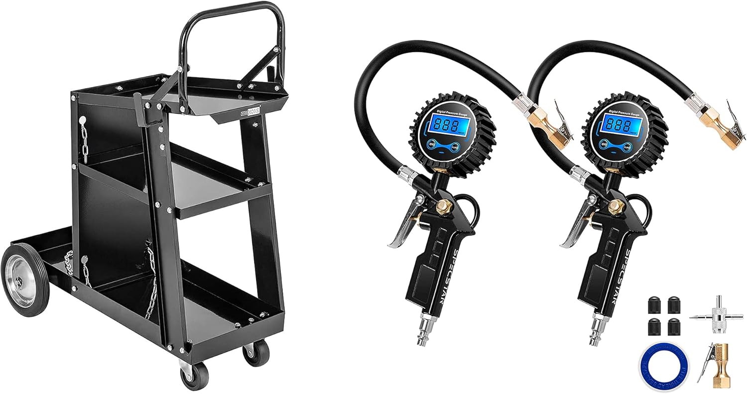 VIVOHOME Iron 3 Tiers Rolling Welding Cart and SPECSTAR 2 Pack Digital Tire Inflator with Pressure Gauge Combo Set