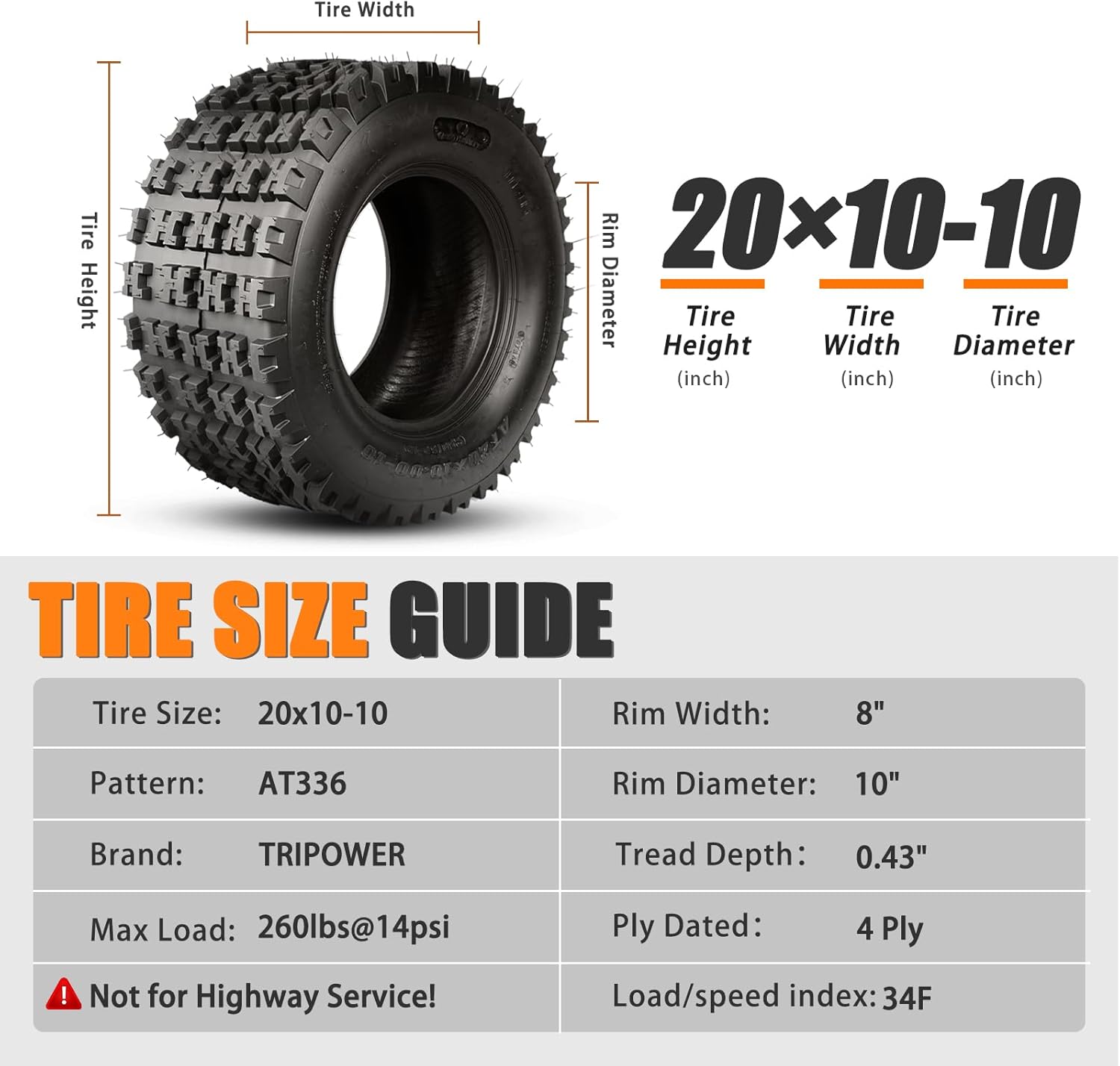 TRIPOWER 2Pcs 20x10-10 ATV Tires 20x10x10 Sport Quad Tires, 4PR Heavy Duty All Terrain Lawn Mower Tire, Tubeless