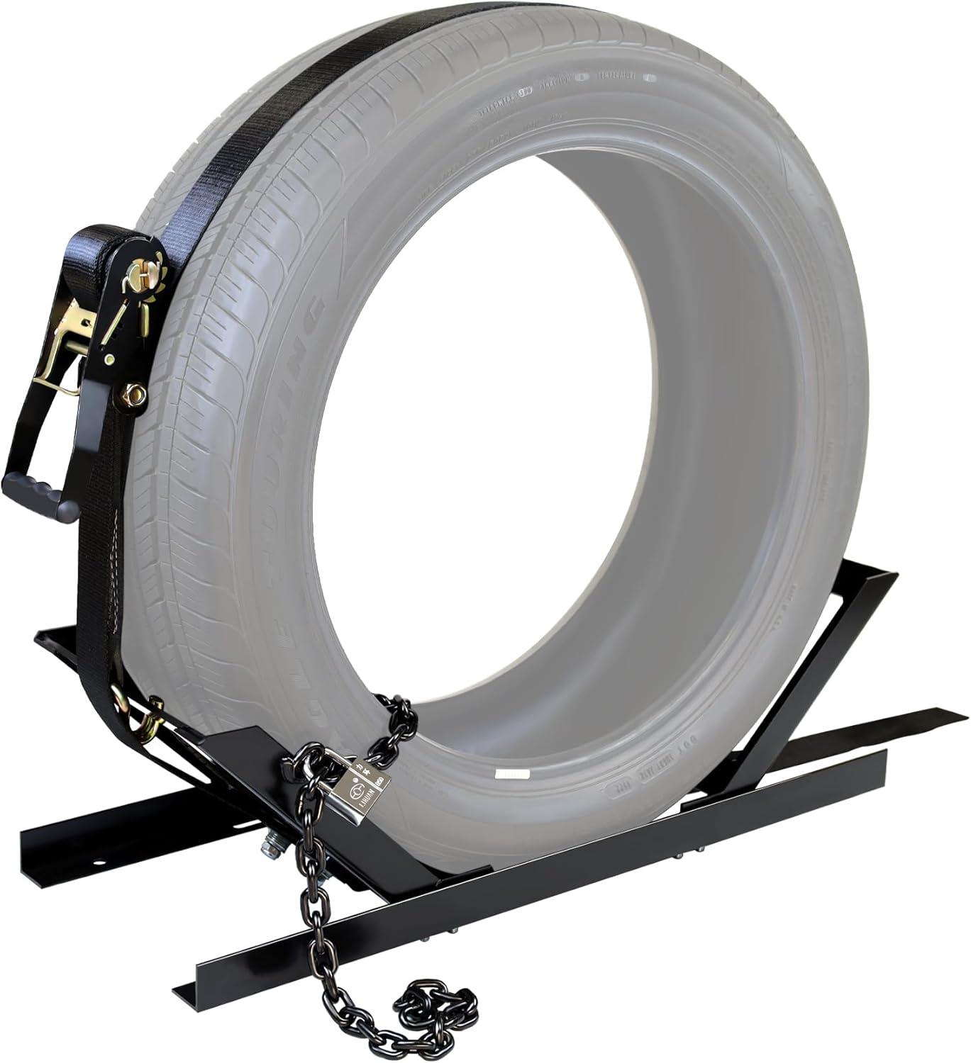 JY PERFORMANCE Semi-Truck Spare Tire Rack, Adjustable Tire Carrier, Ratchet Strap Chain, Black, DAC927