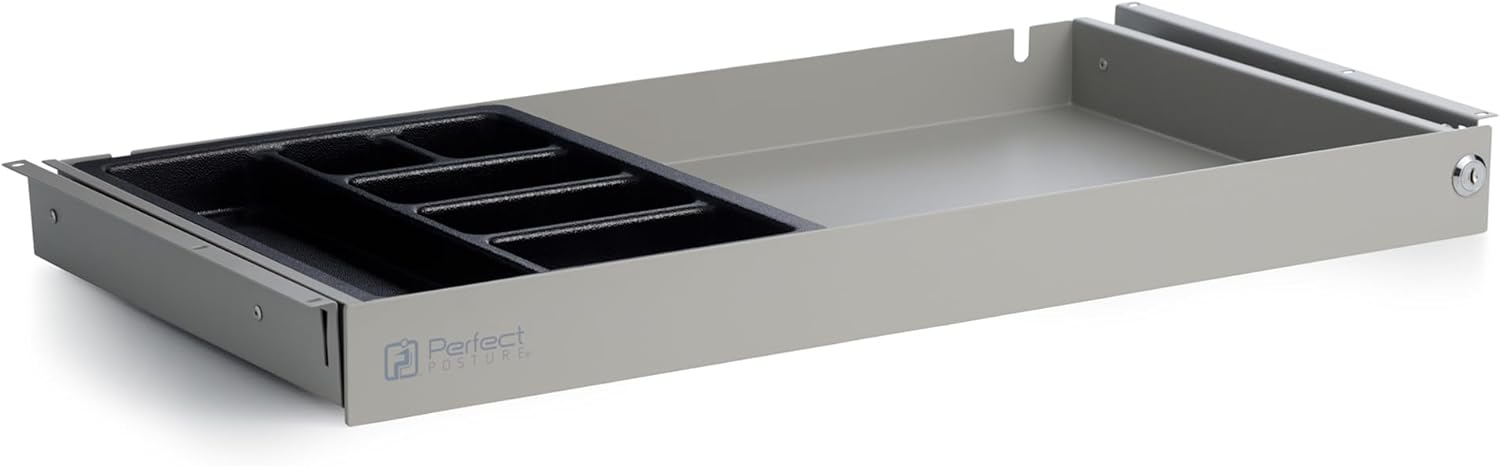 Perfect Posture Max Under Desk Storage Drawer – Large Desk Drawer with Lock for Regular & Sit-Stand Standing Desks, Gray (25” x 13”)