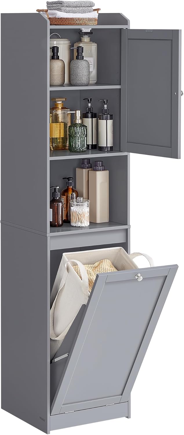VASAGLE Tall Storage Cabinet, Storage Unit with Removable Laundry Basket, Compartment and Cabinet, for Bathroom, Living Room, 15.8 x 15.8 x 66.9 Inches, Dove Gray UBBC761G02