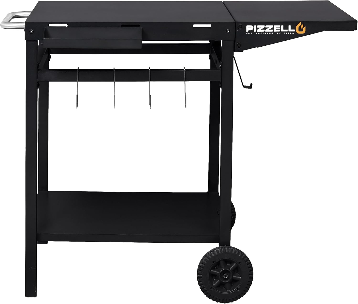 PIZZELLO Garden Cart 2 Layers Grill Cart for Outdoor Foldable Shelf Worktable Outside Kitchen Pizza Oven Stand Trolley with Handle, Wheels, and Hooks