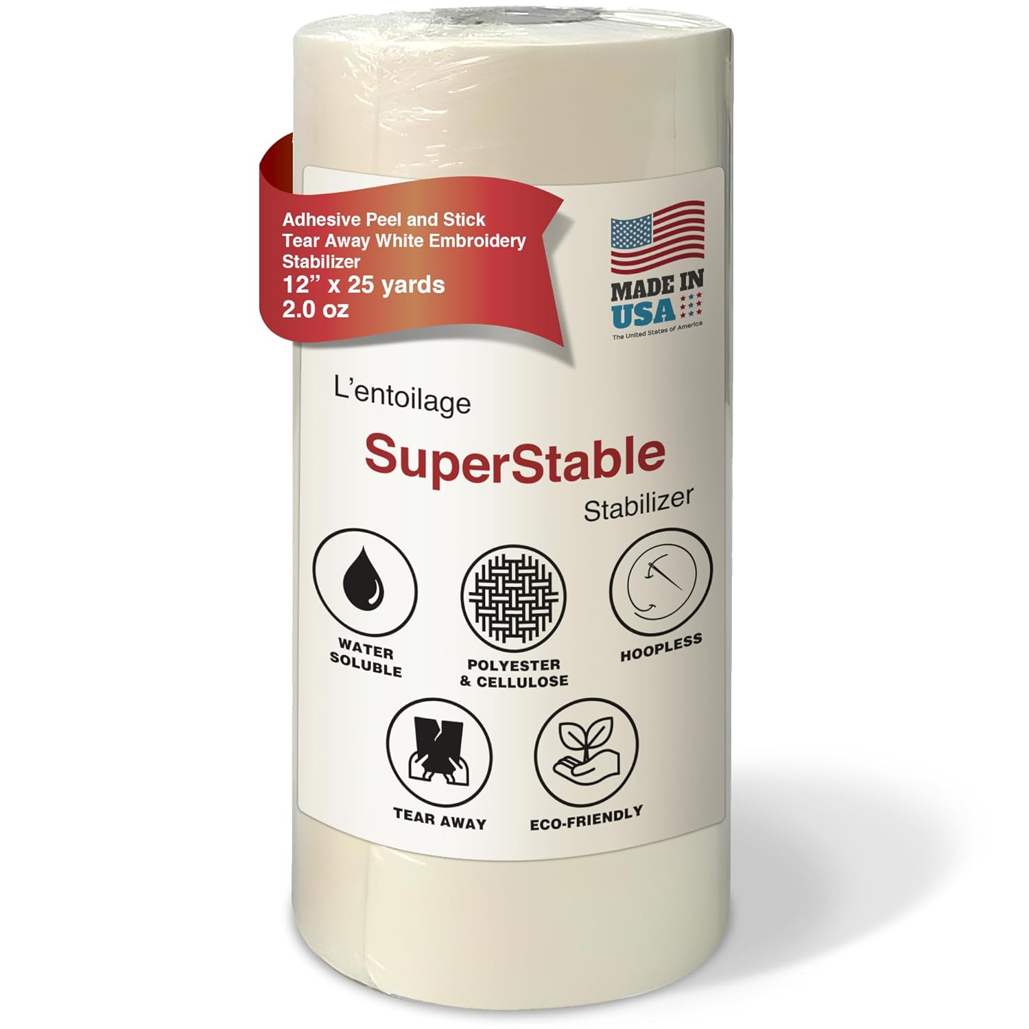 Superpunch White Adhesive Peel & Stick Tear Away Stabilizer - 20-inch x 25-Yard Roll, SuperStable Machine Embroidery Stabilizers Backing 2.0 oz for Hoop Less Embroidery, Made in USA